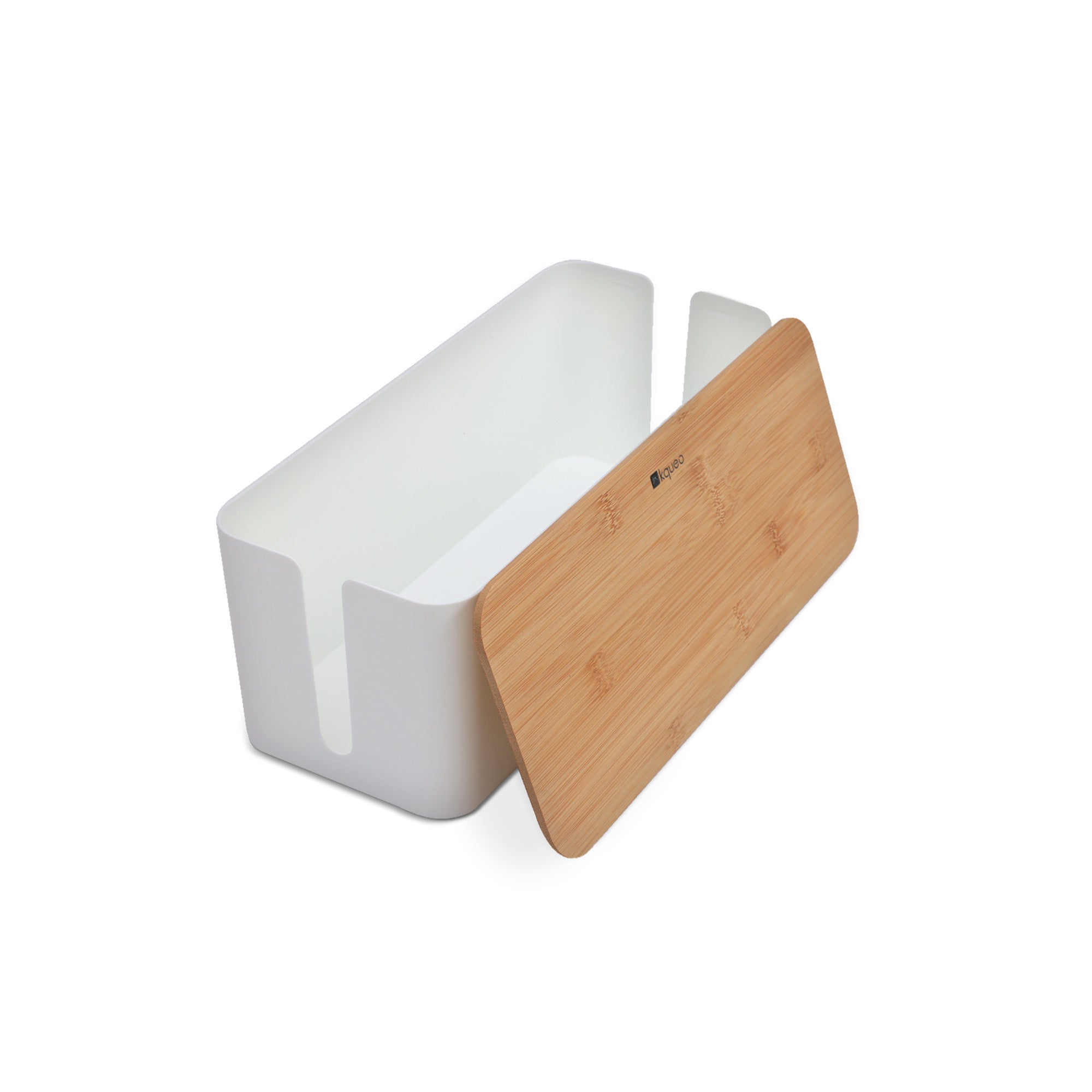 Boîte cache-câbles KQUEO blanc et bambou avec couvercle amovible pour rangement des câbles et chargeurs