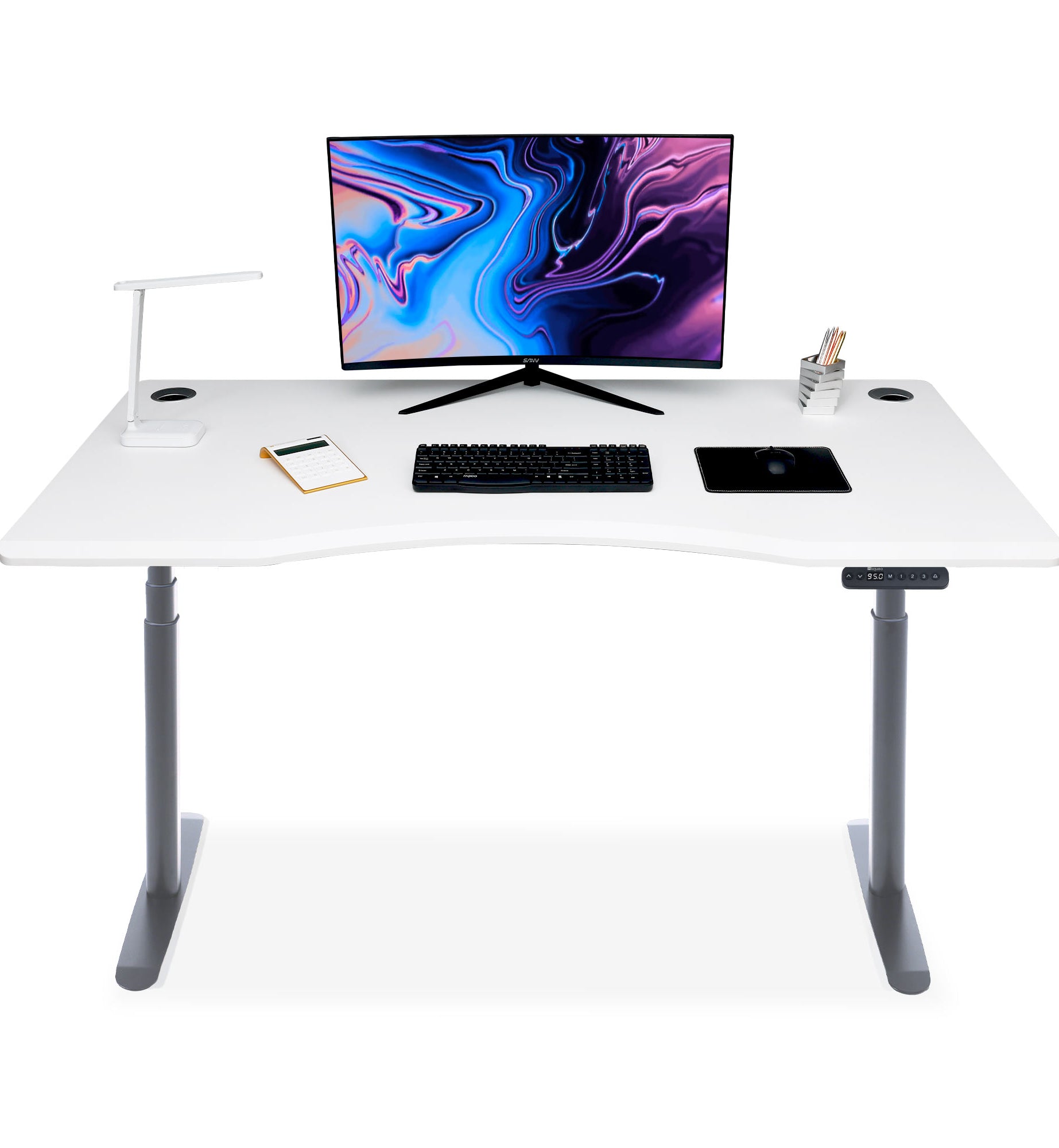bureau assis debout incurvé 120cm pieds arrondis noir / plateau blanc