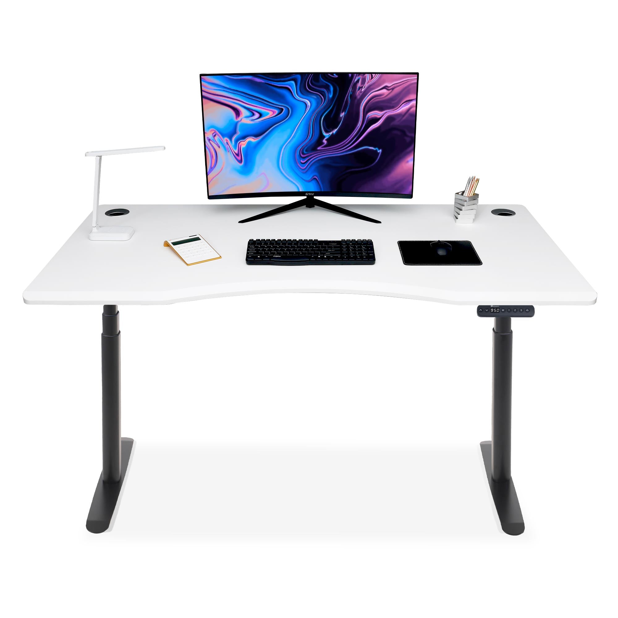 bureau assis debout incurvé 120cm pieds arrondis noir / plateau blanc