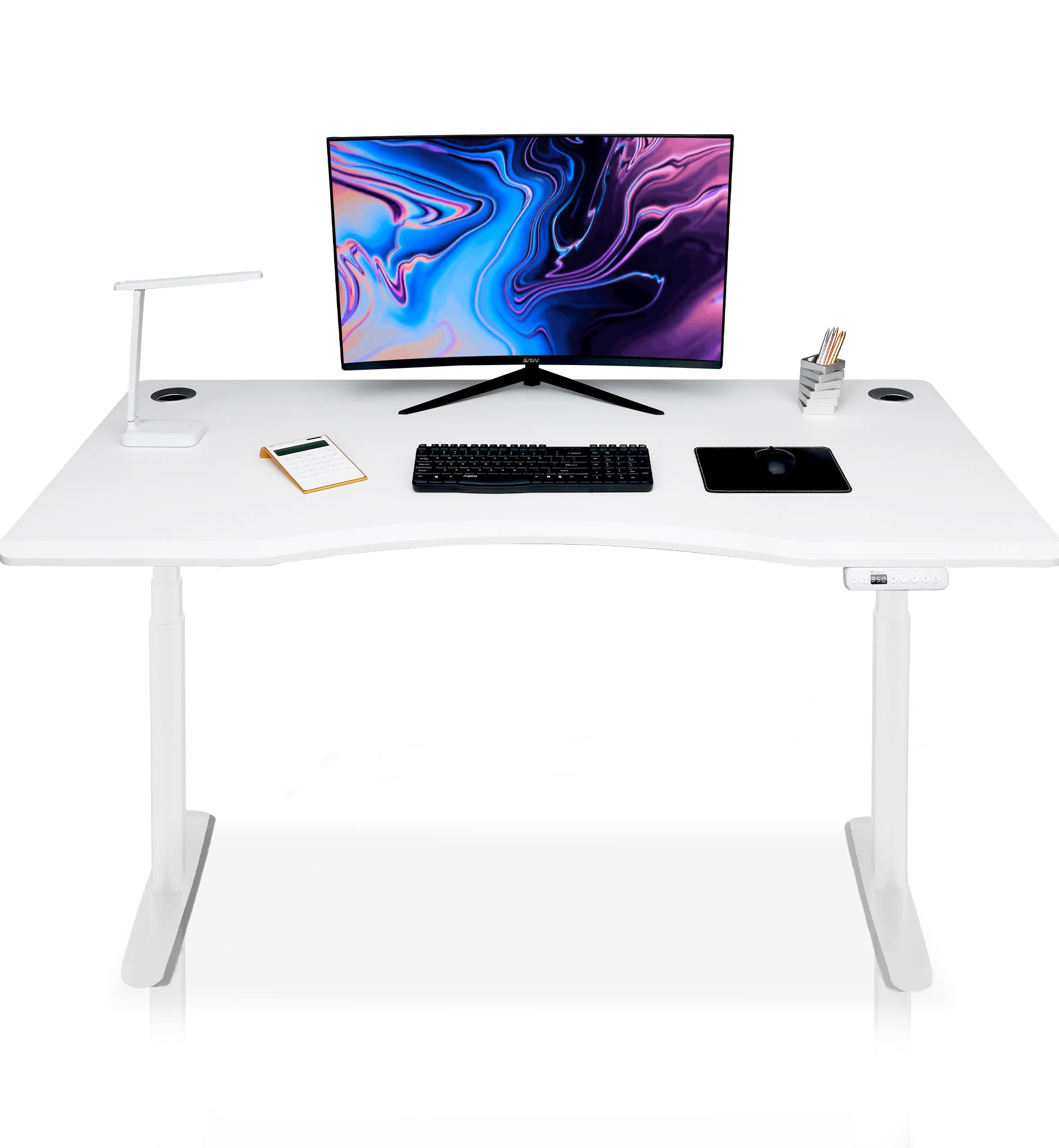 bureau assis debout incurvé 140cm pieds arrondis blanc / plateau blanc