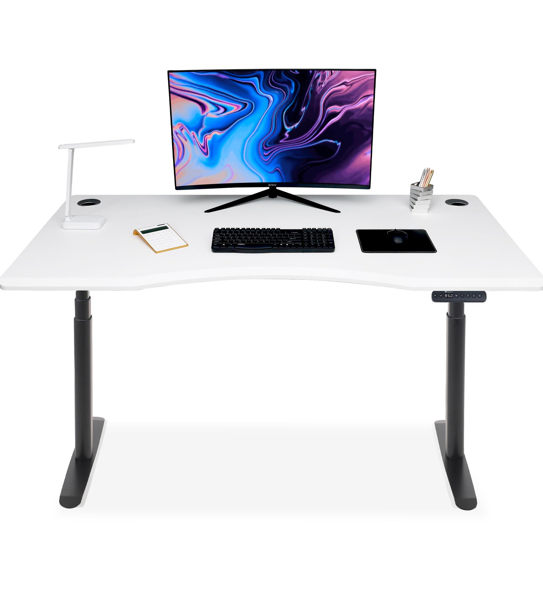 bureau assis debout incurvé 140cm pieds arrondis noir / plateau blanc