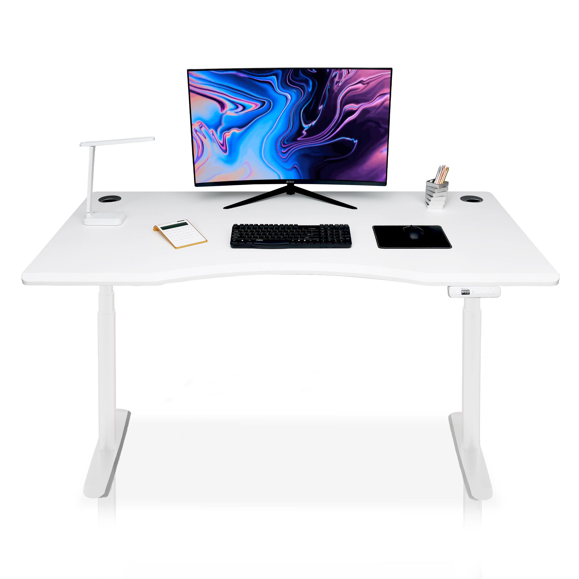bureau assis debout incurvé 160cm pieds arrondis blanc / plateau blanc