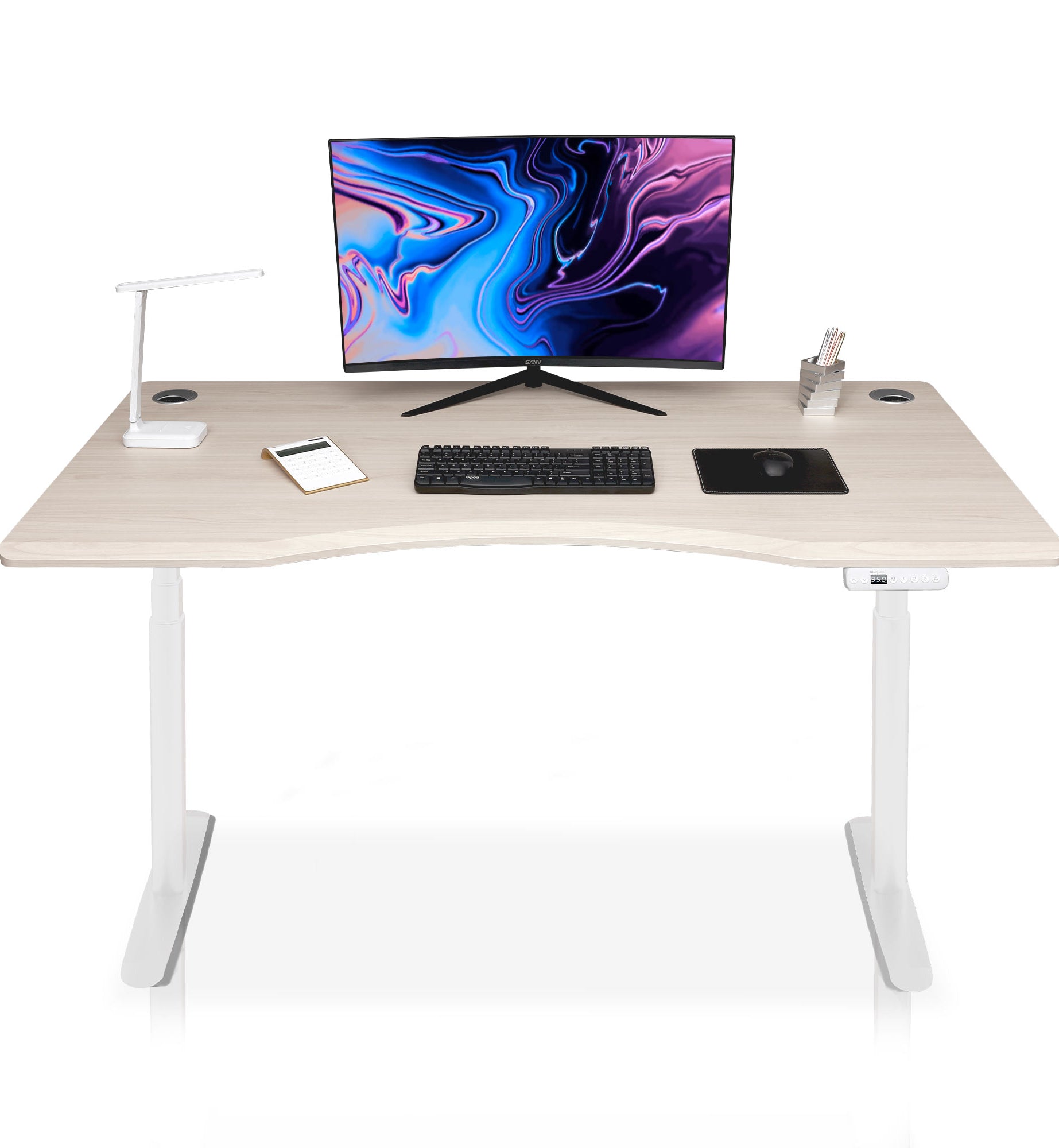 bureau assis debout incurvé 160cm pieds arrondis blanc / plateau coloris chene clair