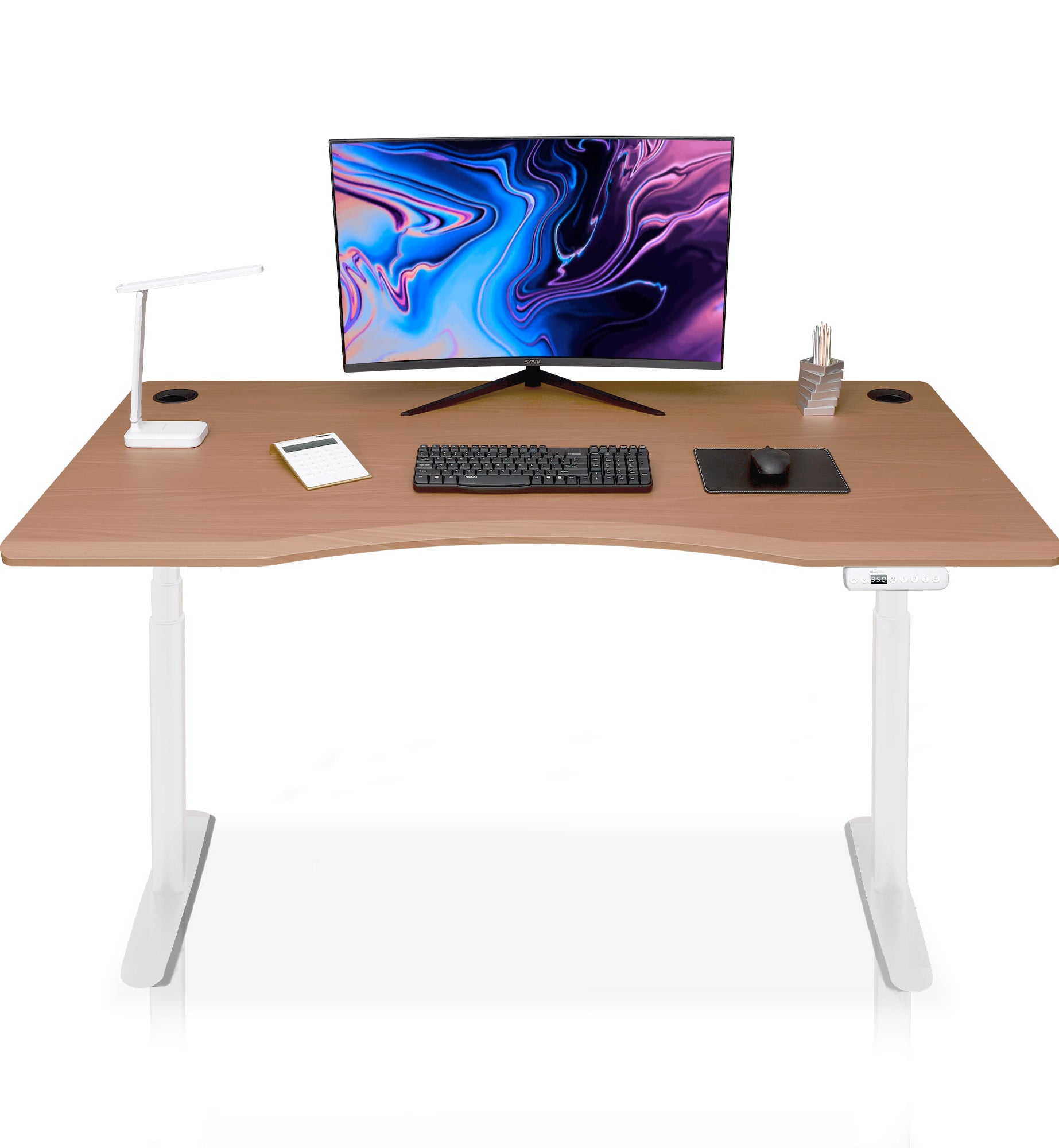 bureau assis debout incurvé 160cm pieds arrondis blanc / plateau coloris chene