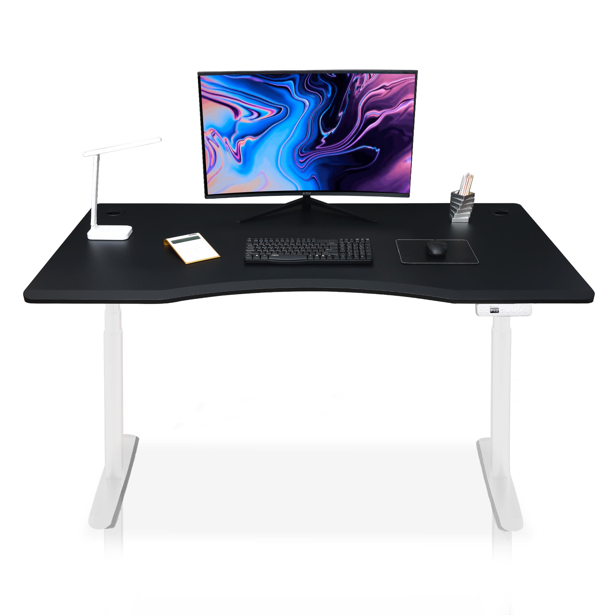 bureau assis debout incurvé 160cm pieds arrondis blanc / plateau noir
