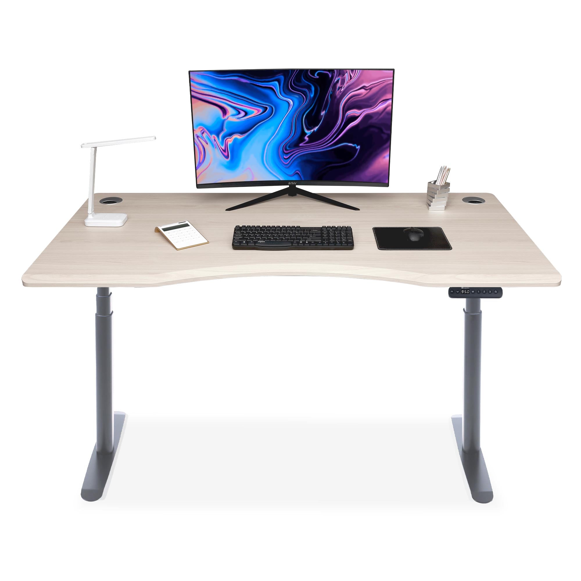 bureau assis debout incurvé 160cm pieds arrondis gris / plateau coloris chene clair