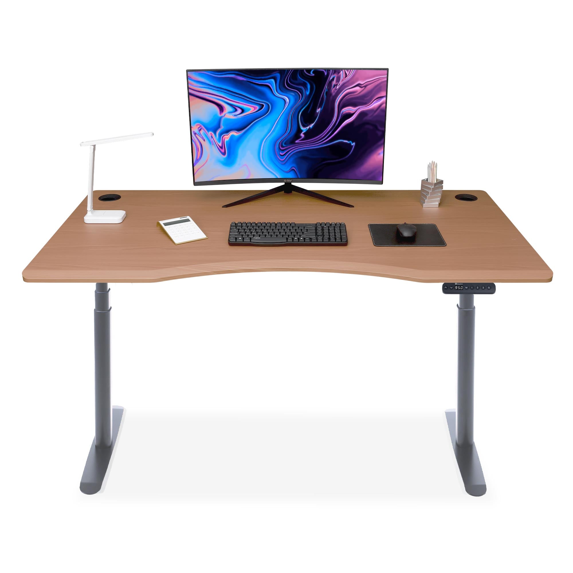 bureau assis debout incurvé 160cm pieds arrondis gris / plateau coloris chene