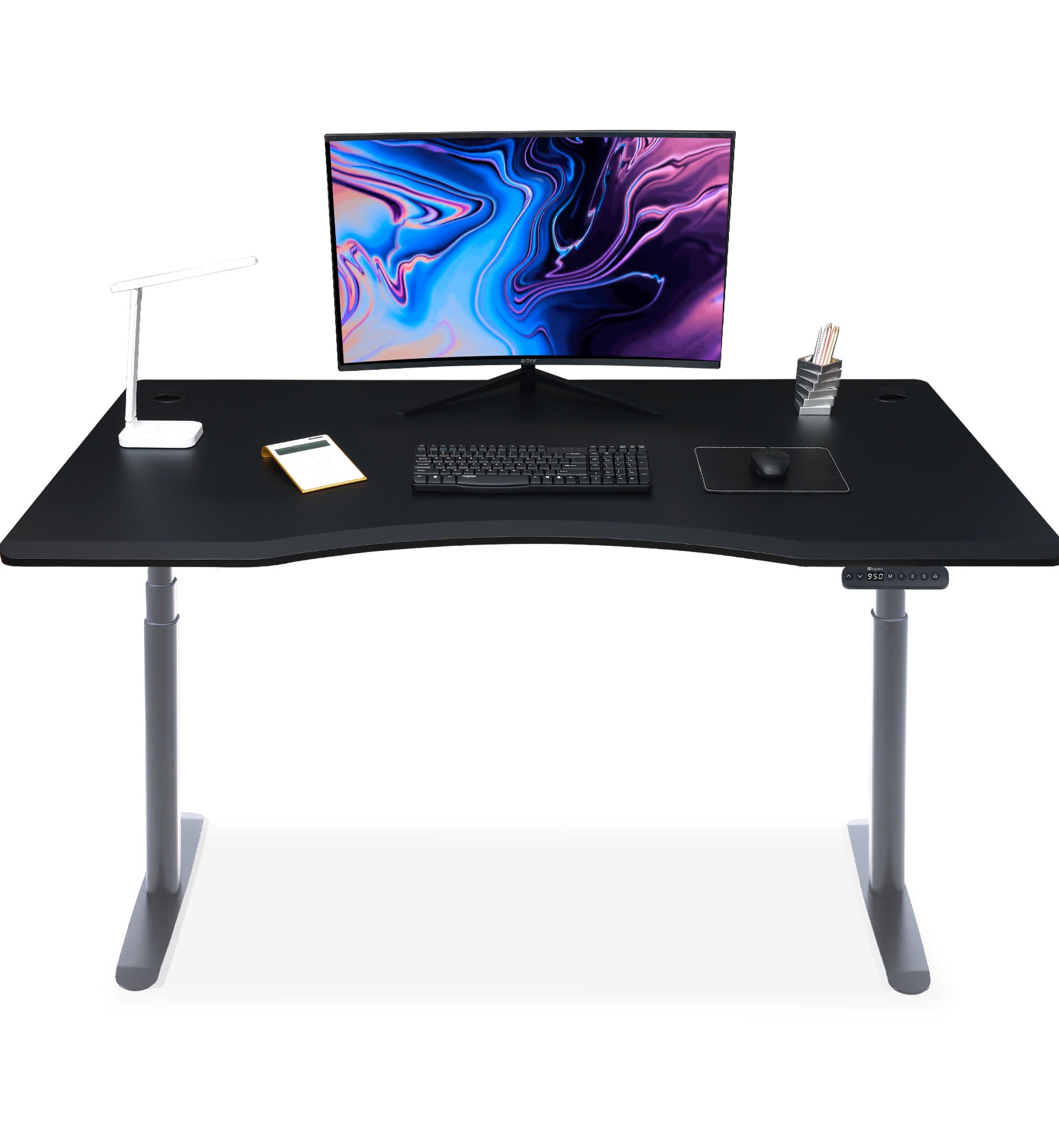 bureau assis debout incurvé 160cm pieds arrondis noir / plateau noir