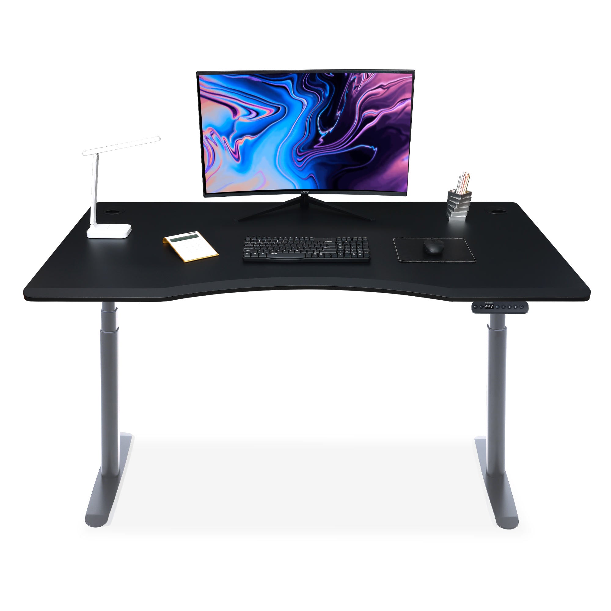 bureau assis debout incurvé 160cm pieds arrondis noir / plateau noir