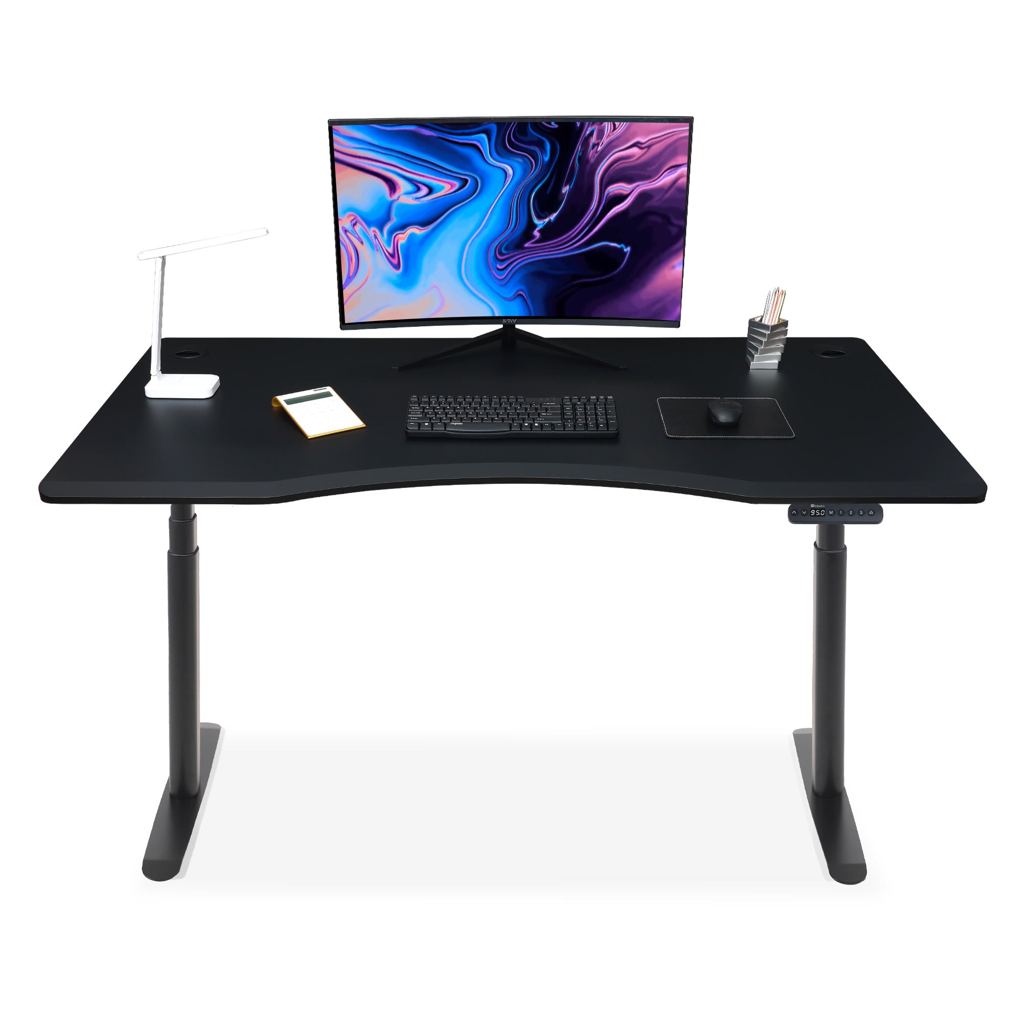 bureau assis debout incurvé 160cm pieds arrondis noir / plateau noir