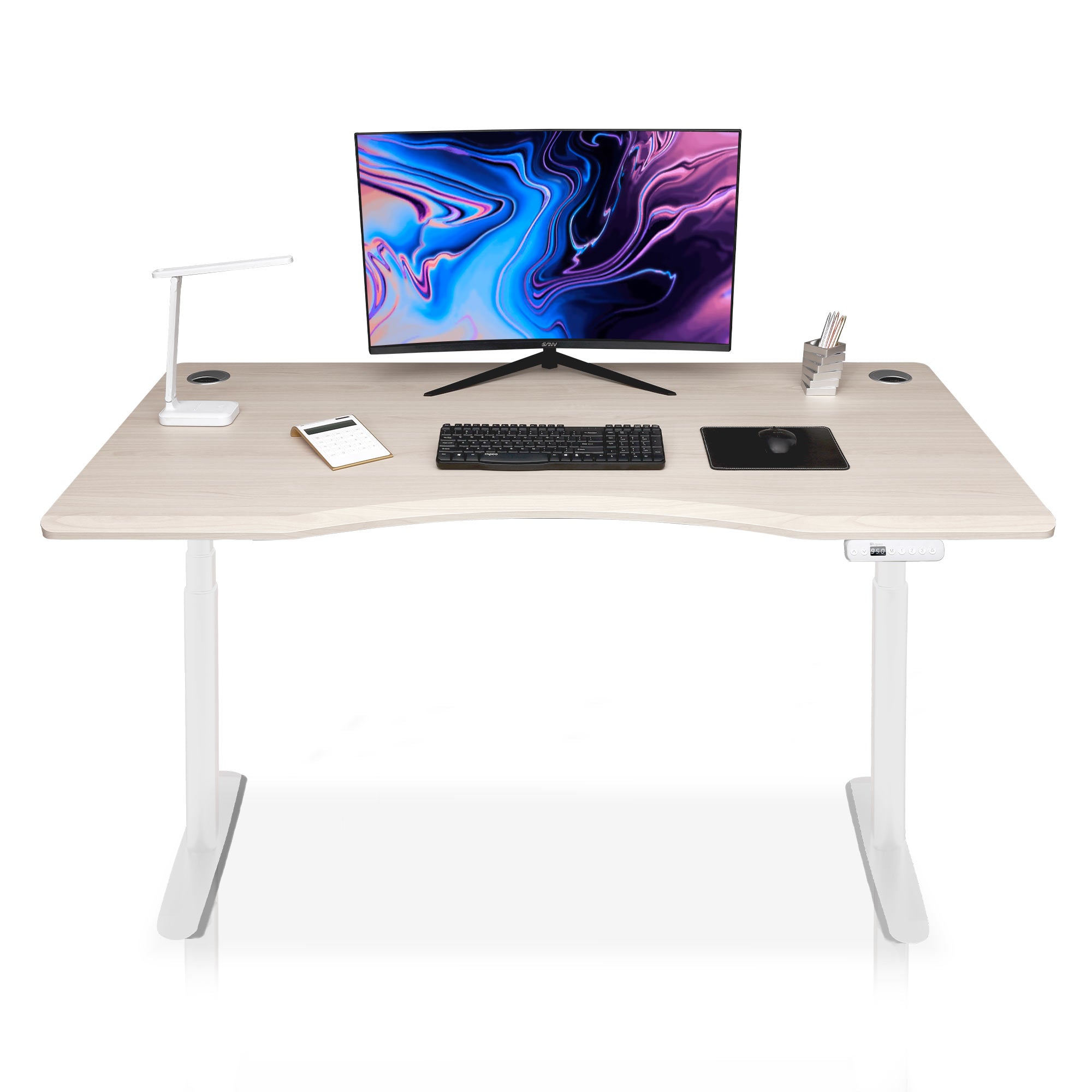 bureau assis debout incurvé 180cm pieds arrondis blanc / plateau coloris chene clair