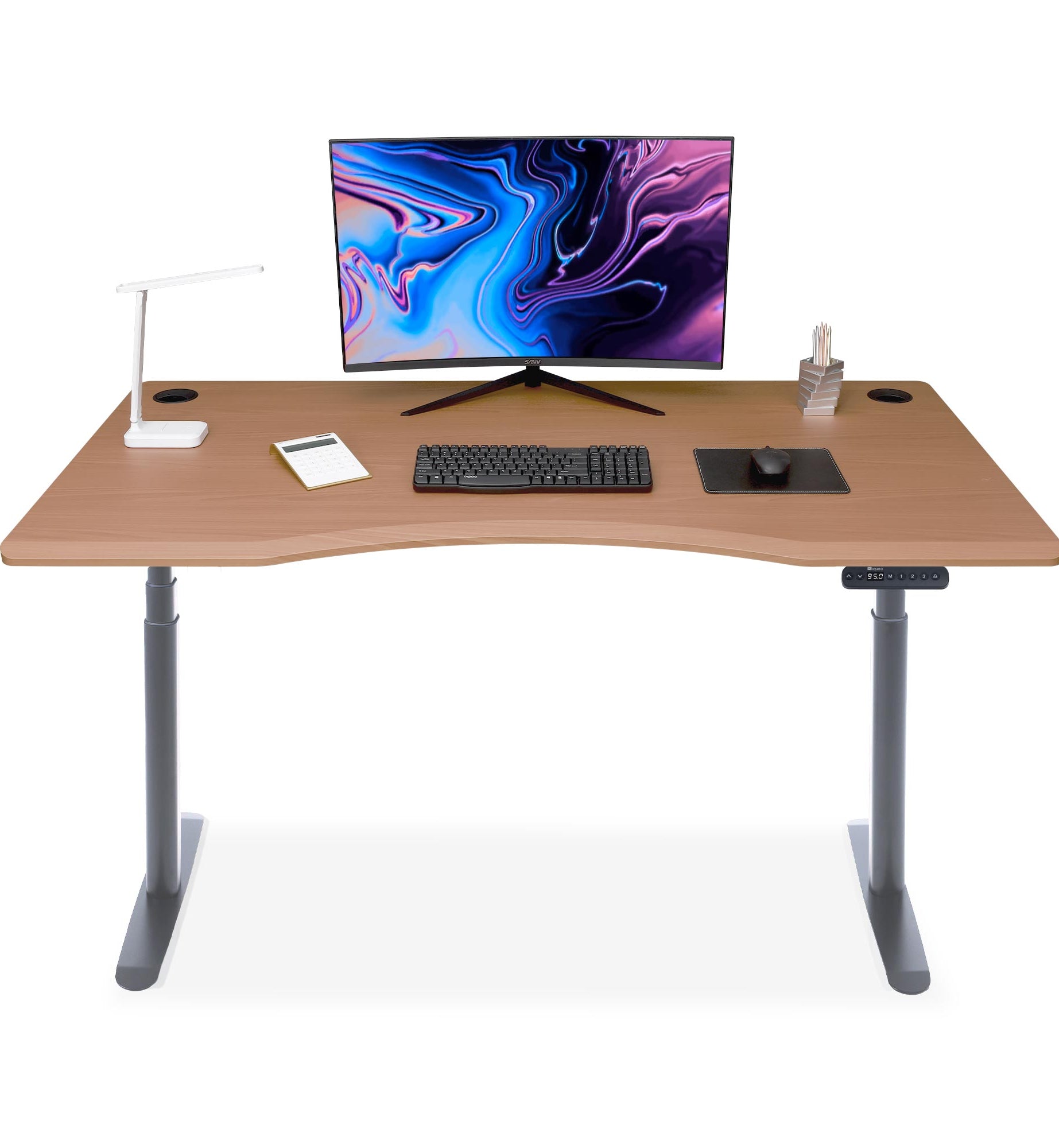 bureau assis debout incurvé 180cm pieds arrondis gris / plateau coloris chene