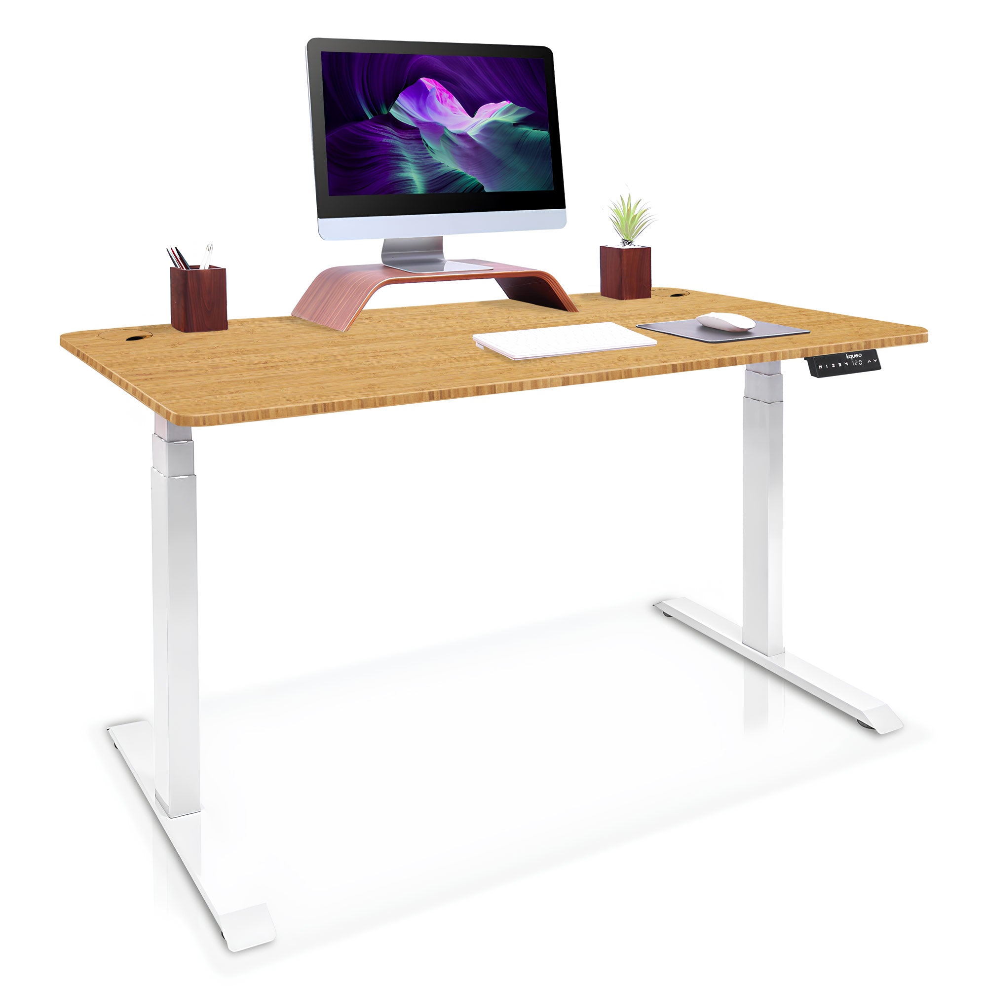 Bureau assis debout DYNAMIC BAMBOU 120x60cm blanc plateau bambou