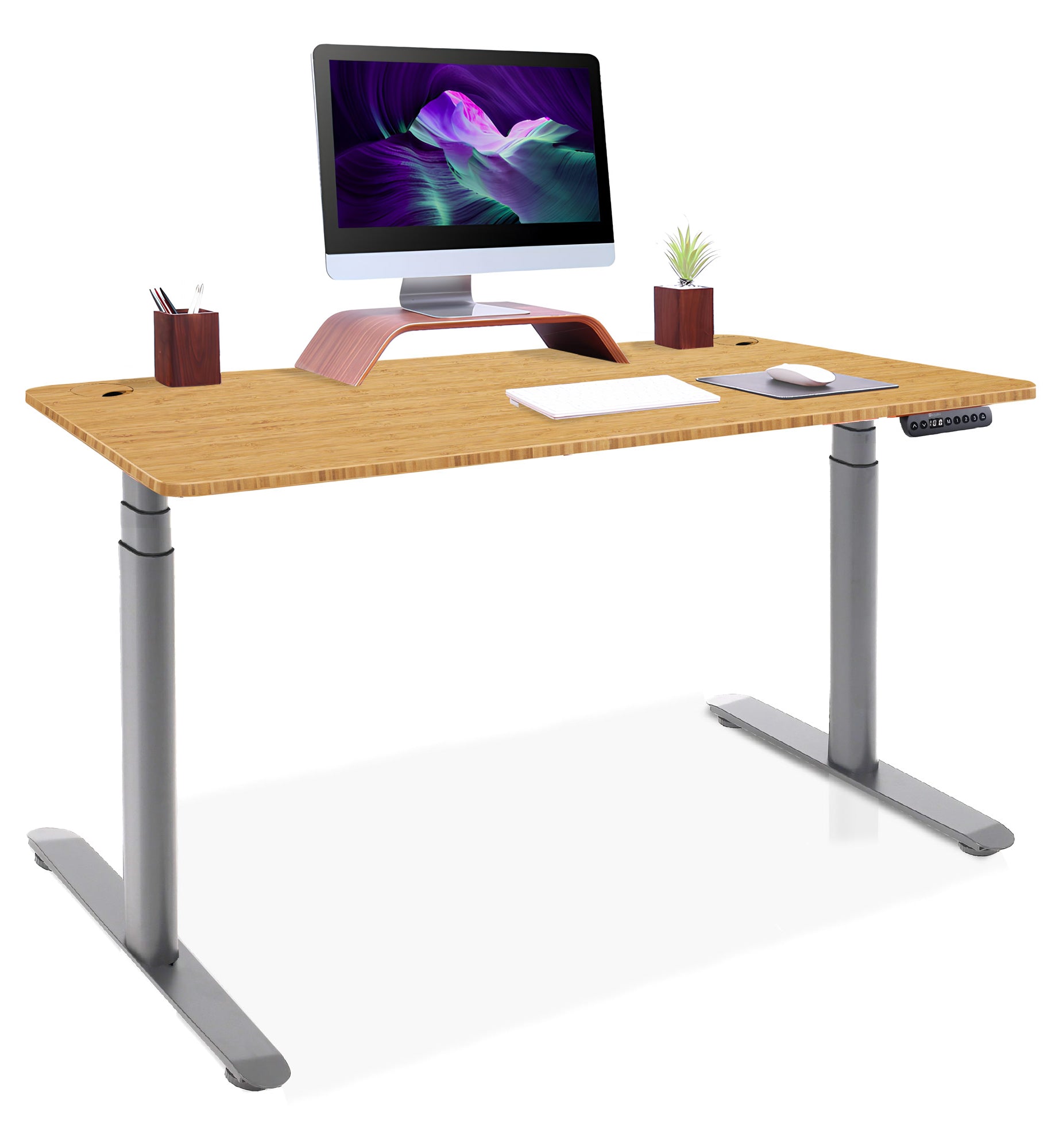 bureau assis debout DYNAMIC CIRCLE BAMBOU piètement gris