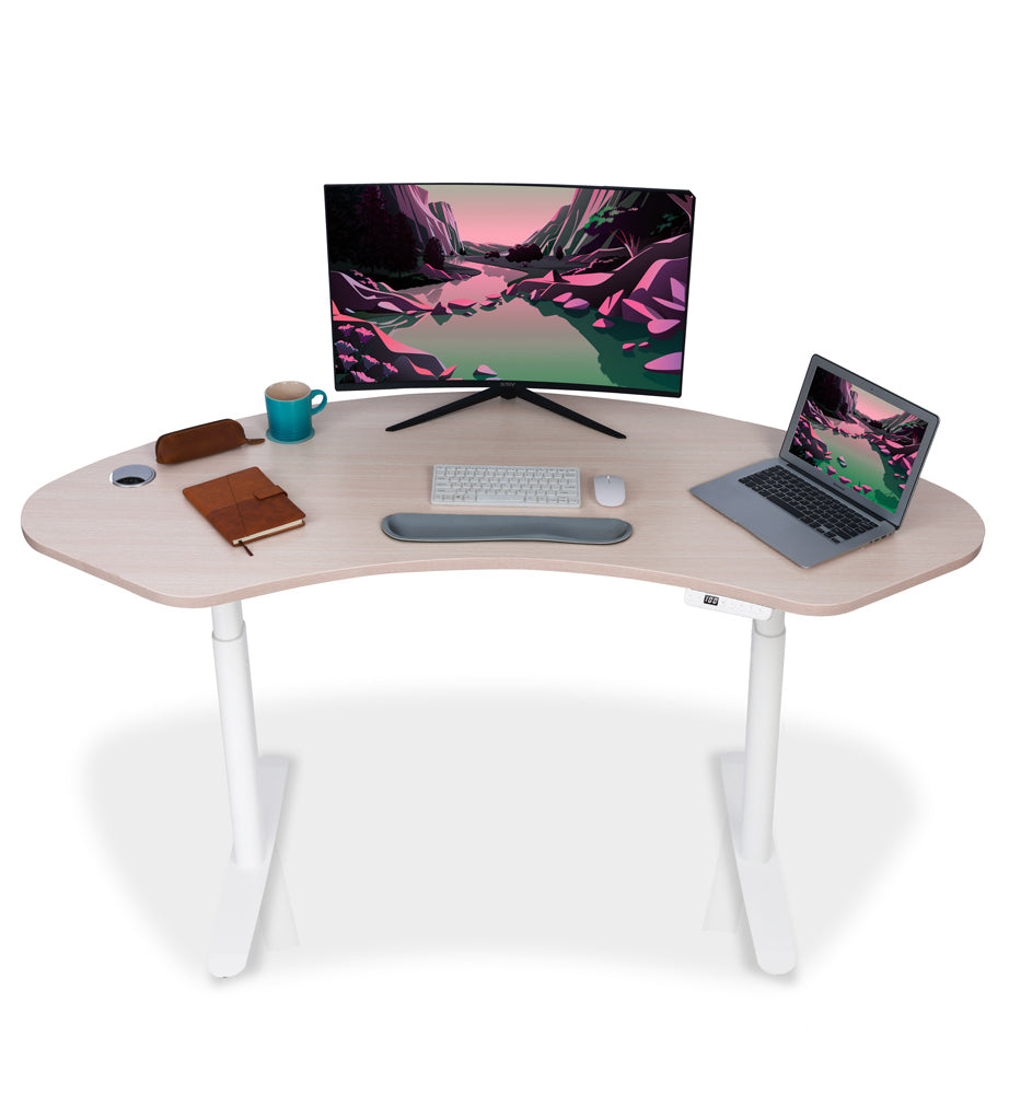 Bureau assis debout incurvé 160cm piètement arrondis blanc et plateau coloris chene clair