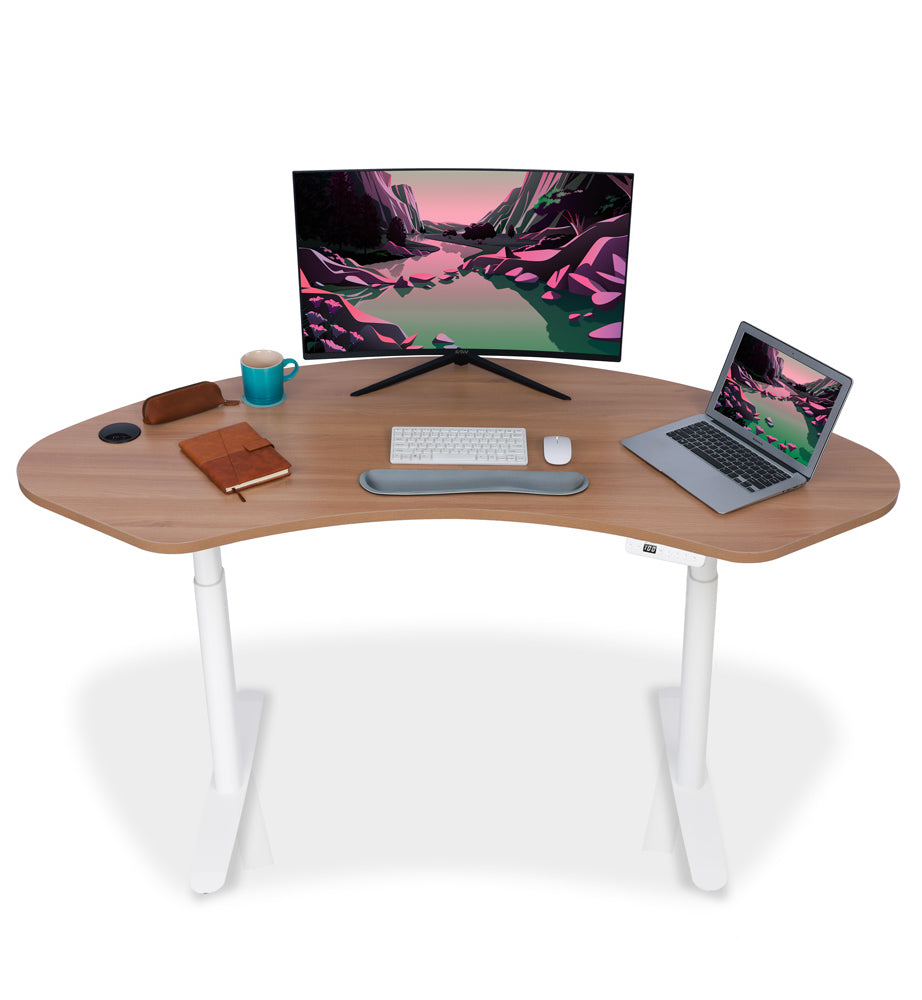 Bureau assis debout incurvé 160cm piètement arrondis blanc et plateau coloris chene