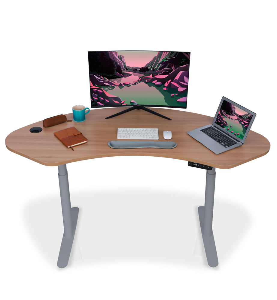 Bureau assis debout incurvé 160cm piètement arrondis gris et plateau coloris chene