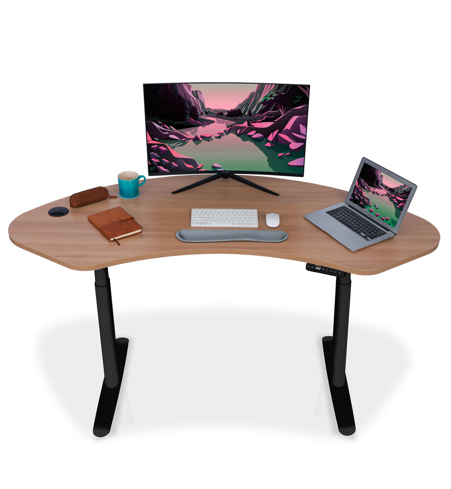 Bureau assis debout incurvé 160cm piètement arrondis noir et plateau coloris chene