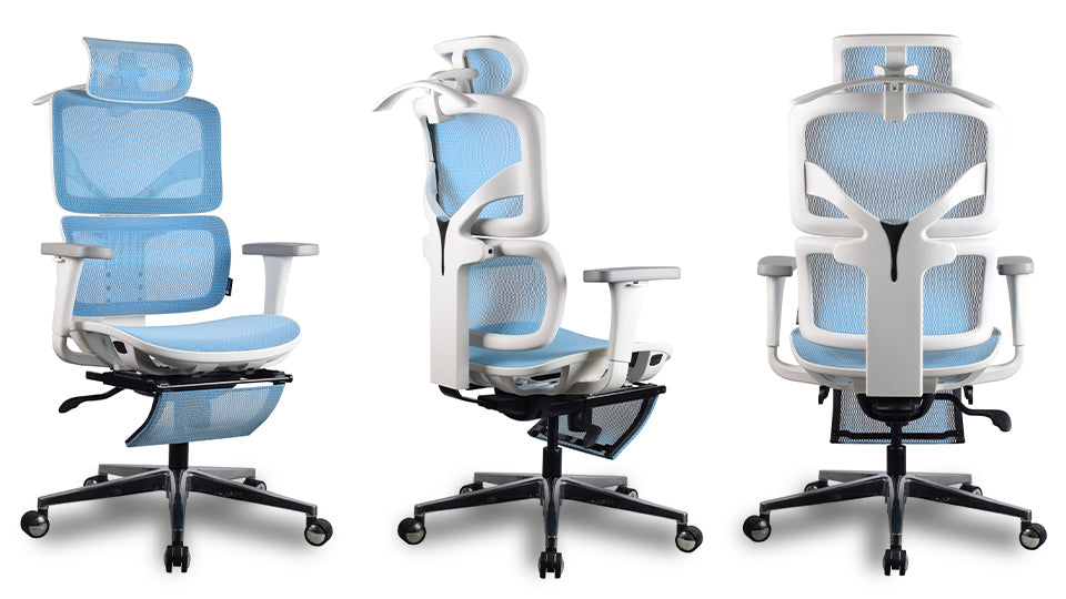chaise ergonomique TERRANA blanche / bleue en maille Kqueo