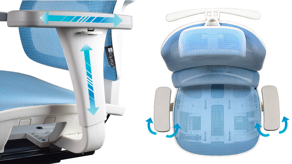 accoudoirs rotatifs chaise ergonomique TERRANA blanche Bleue Kqueo