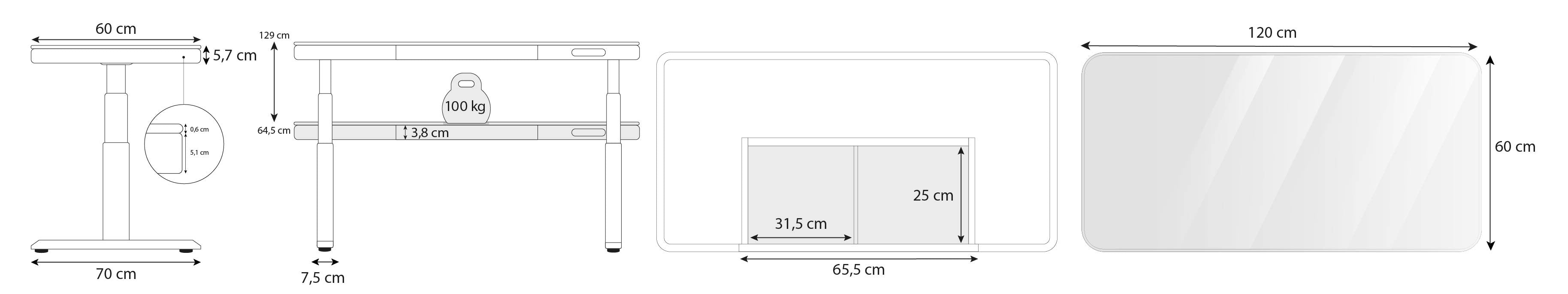 Dimensions bureau assis debout CONNECT