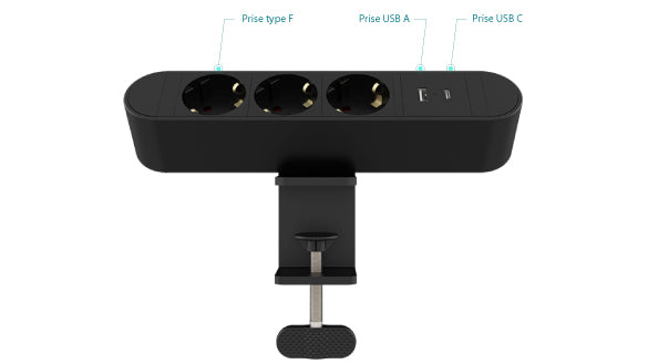 bloc multiprise à pince noire avec port USB