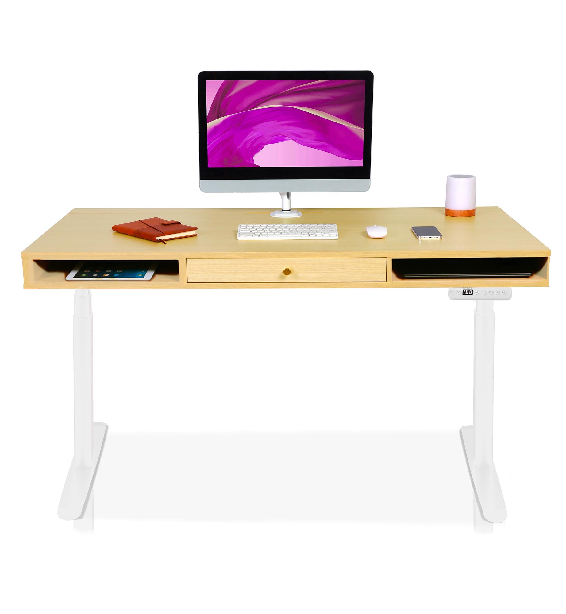 bureau assis debout SPACE DYNAMIC CIRCLE 1 tiroir coloris blanc chene doré