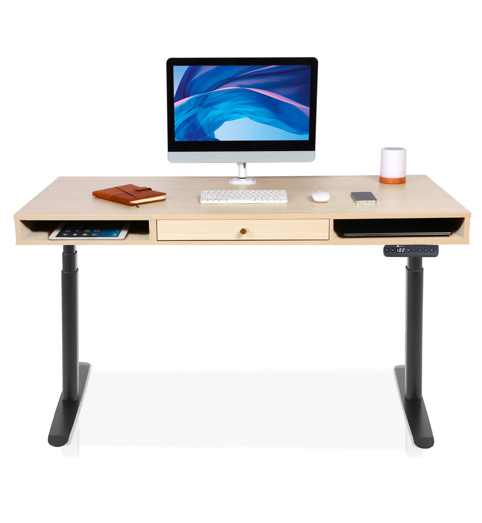 bureau assis debout SPACE DYNAMIC CIRCLE 1 tiroir coloris noir chene clair