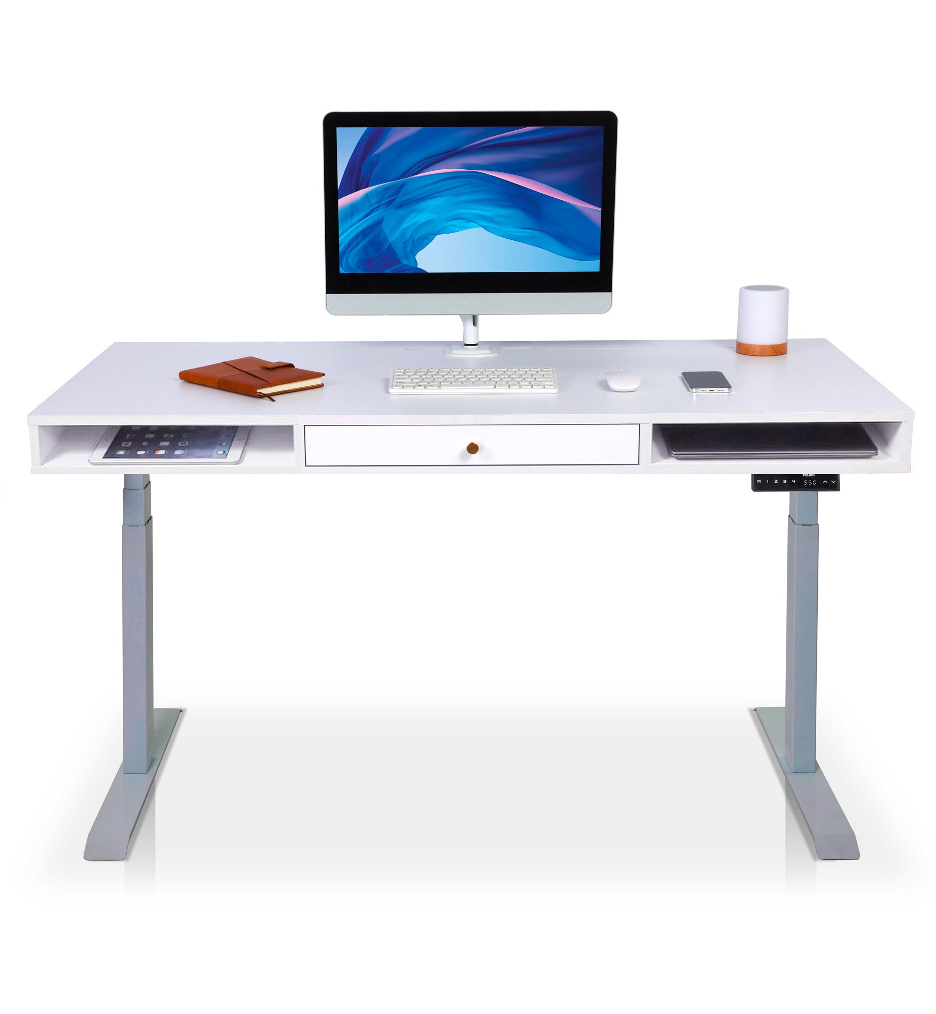 bureau assis debout space dynamic square avec trappe coloris gris blanc 140cm