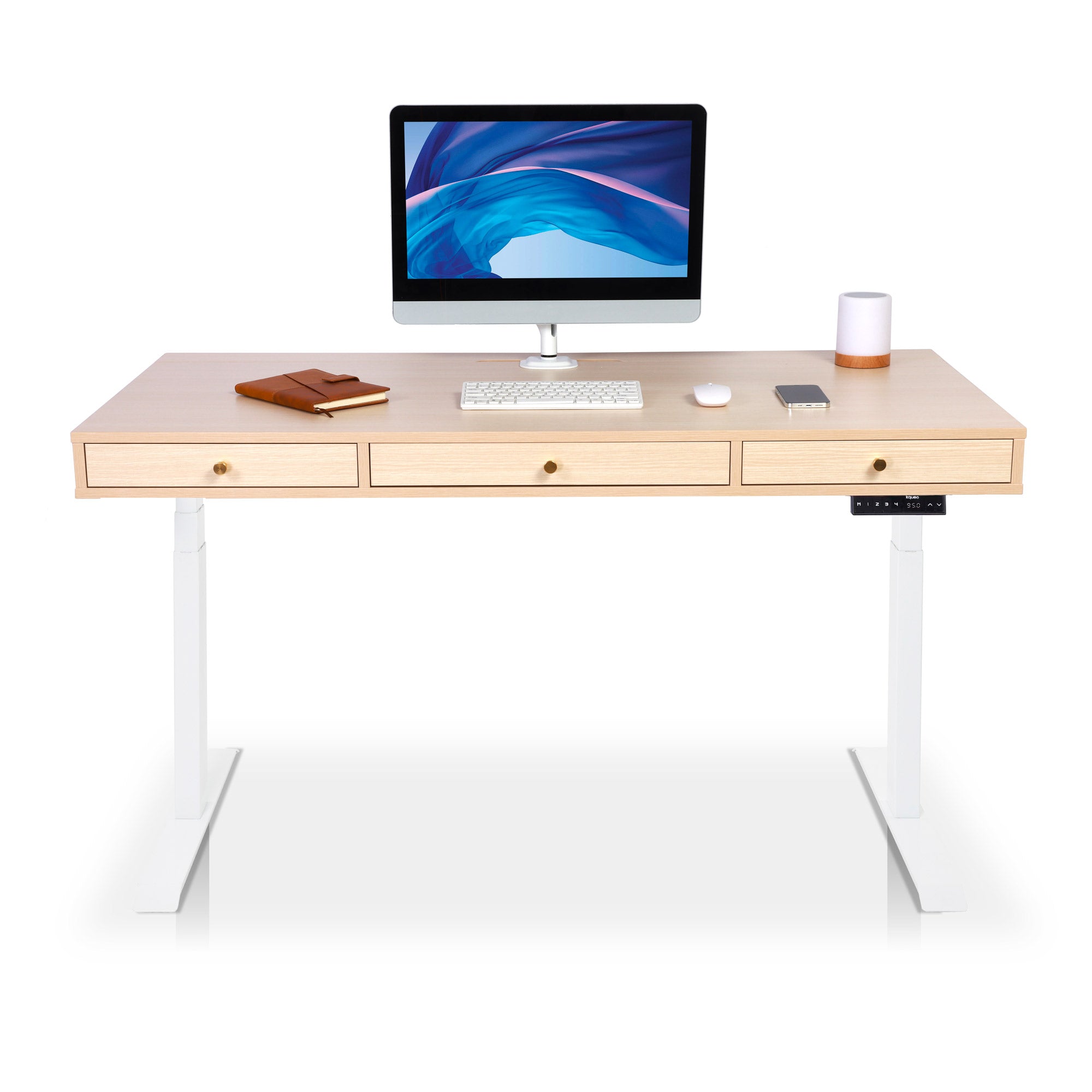 bureau assis debout DYNAMIC CIRCLE avec trappe coloris blanc et chene clair