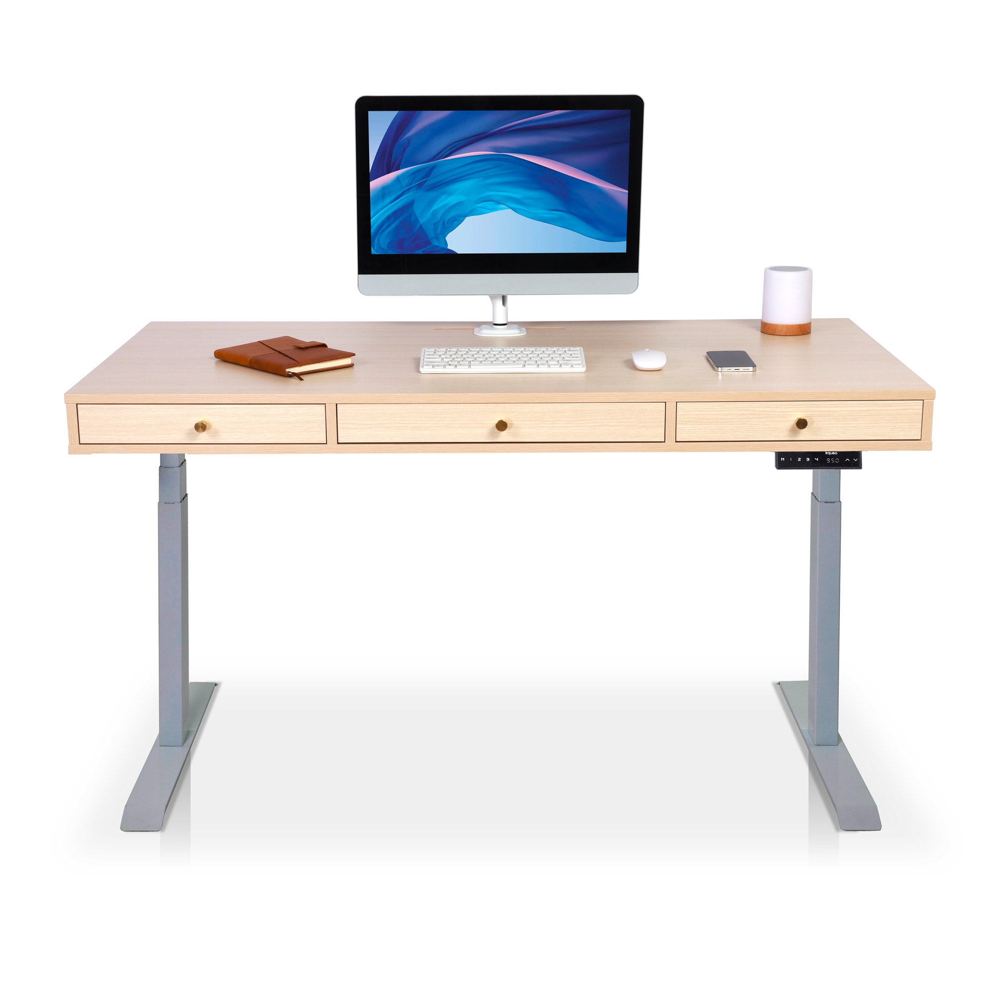 bureau assis debout DYNAMIC CIRCLE avec trappe coloris gris et chene clair