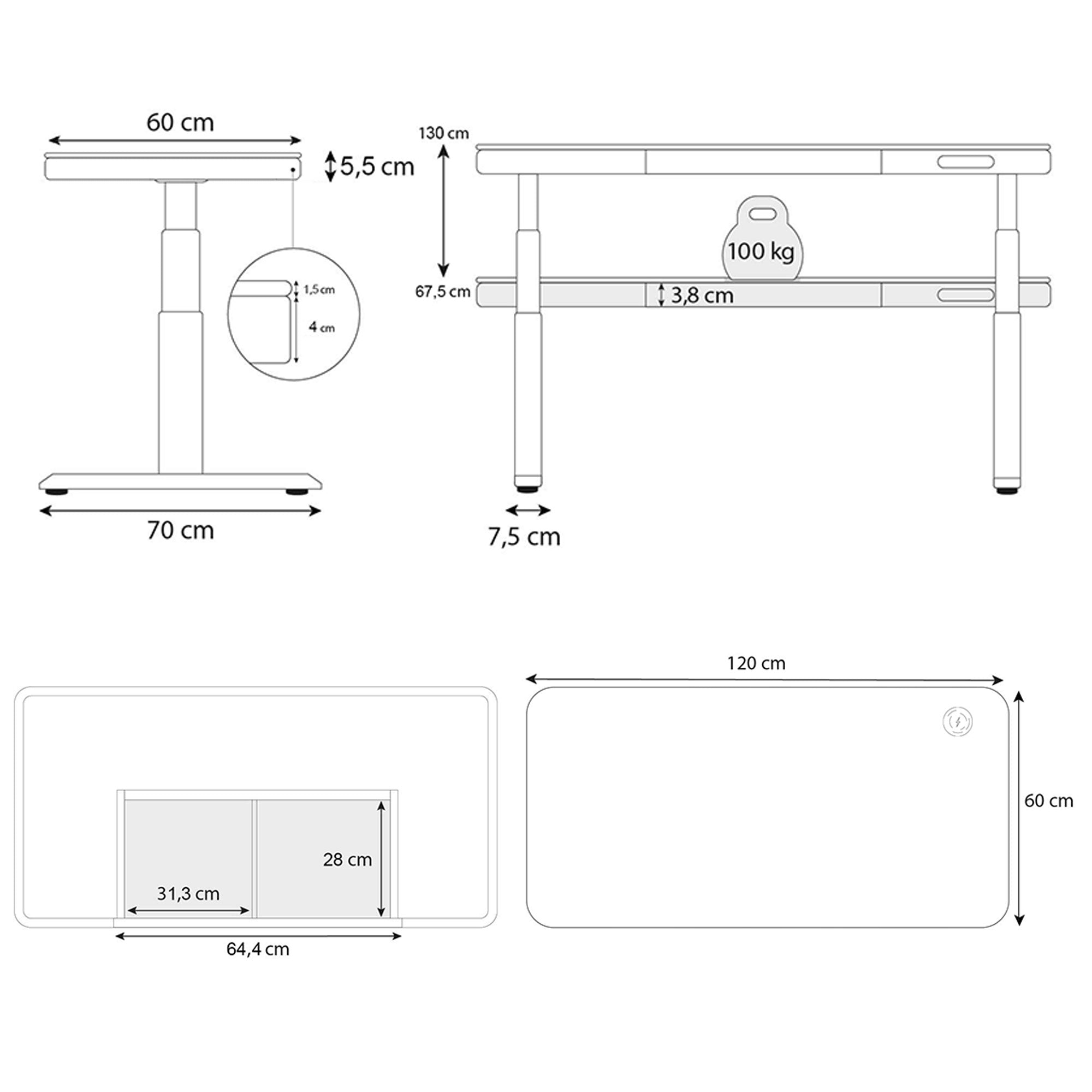 dimension bureau assis debout CONNECT 120x60cm Kqueo