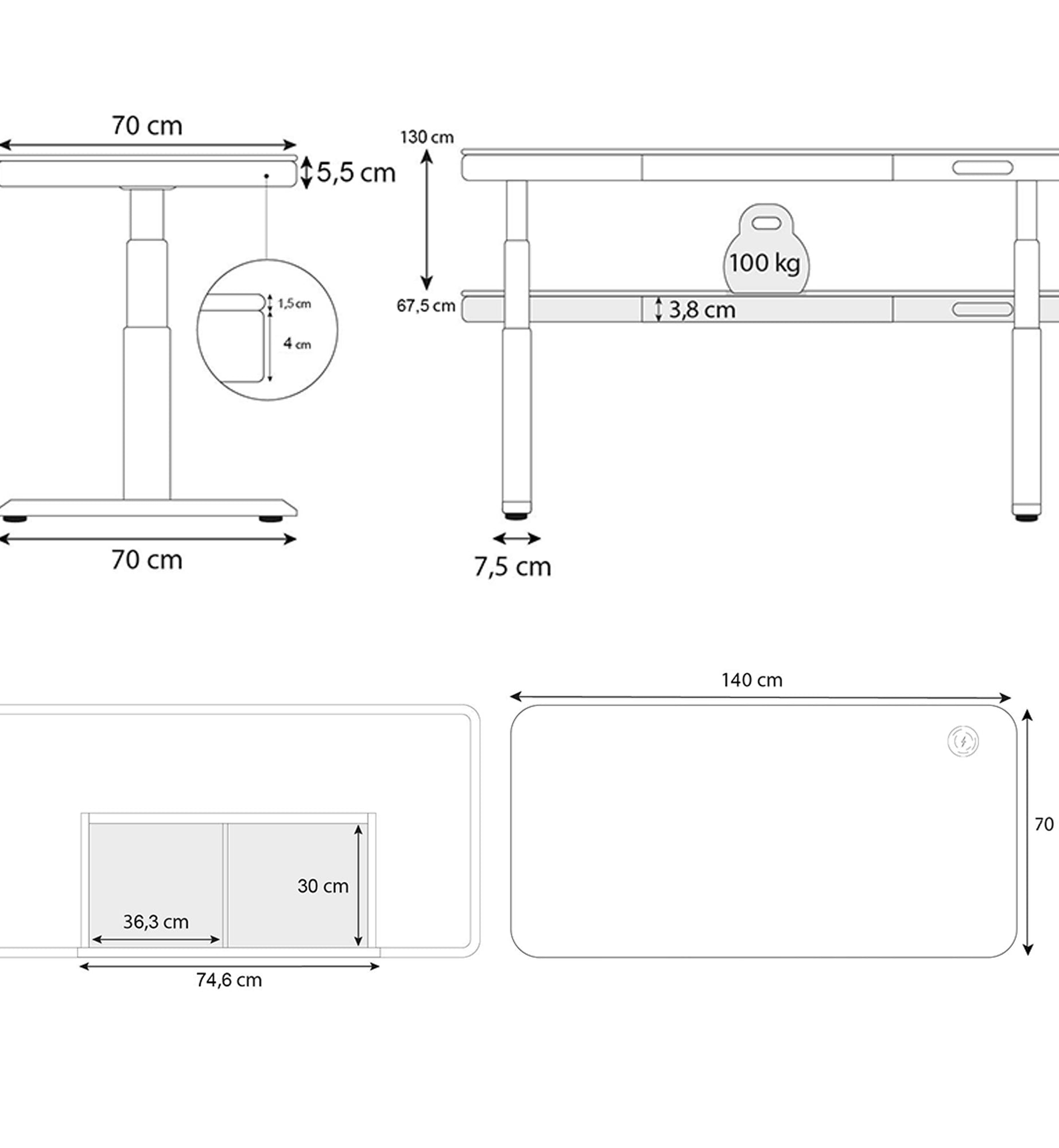 dimension bureau assis debout CONNECT bambou 140x70cm KQUEO