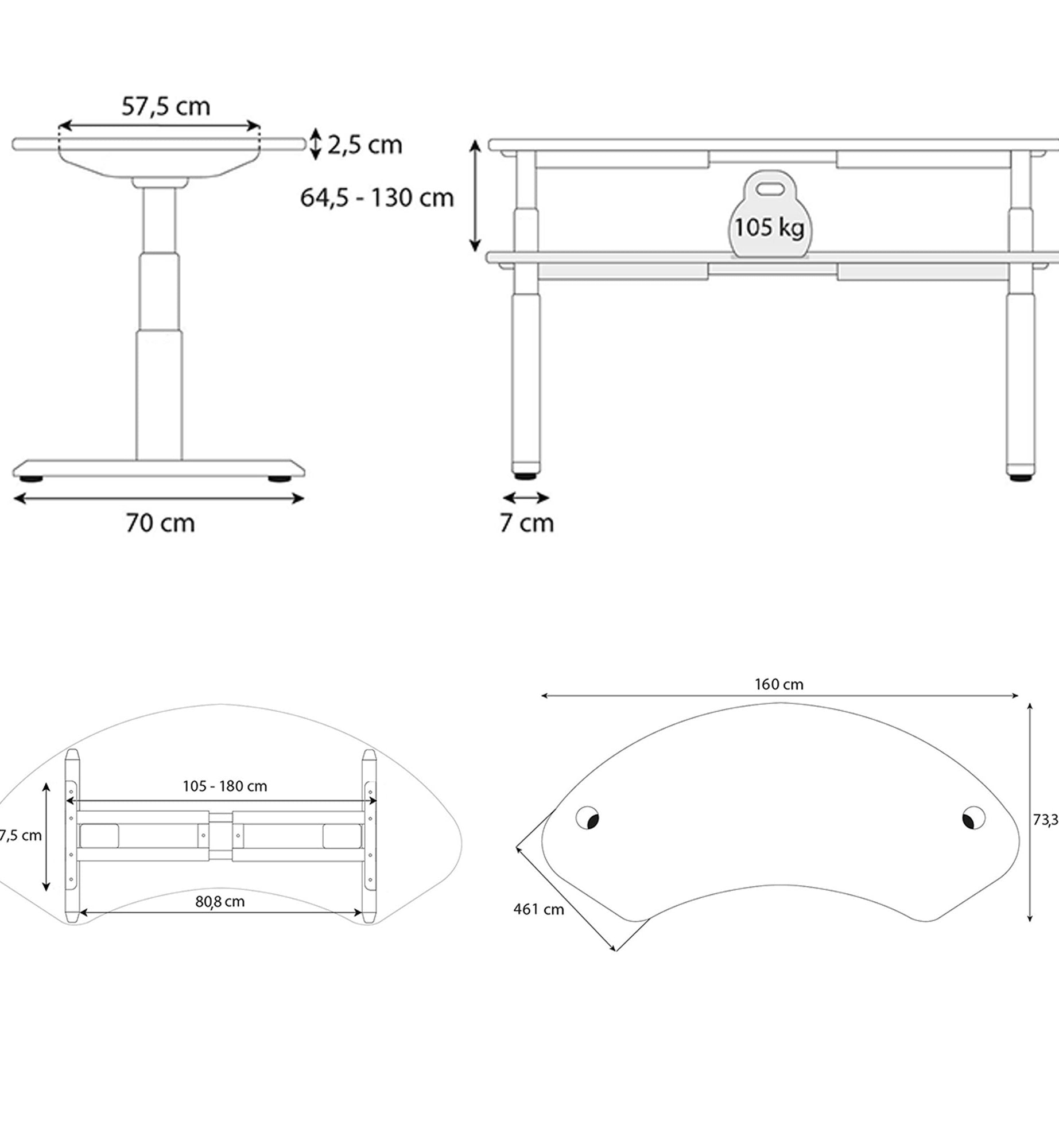 Plan bureau assis debout DYNAMIC CURVE 160cm Kqueo