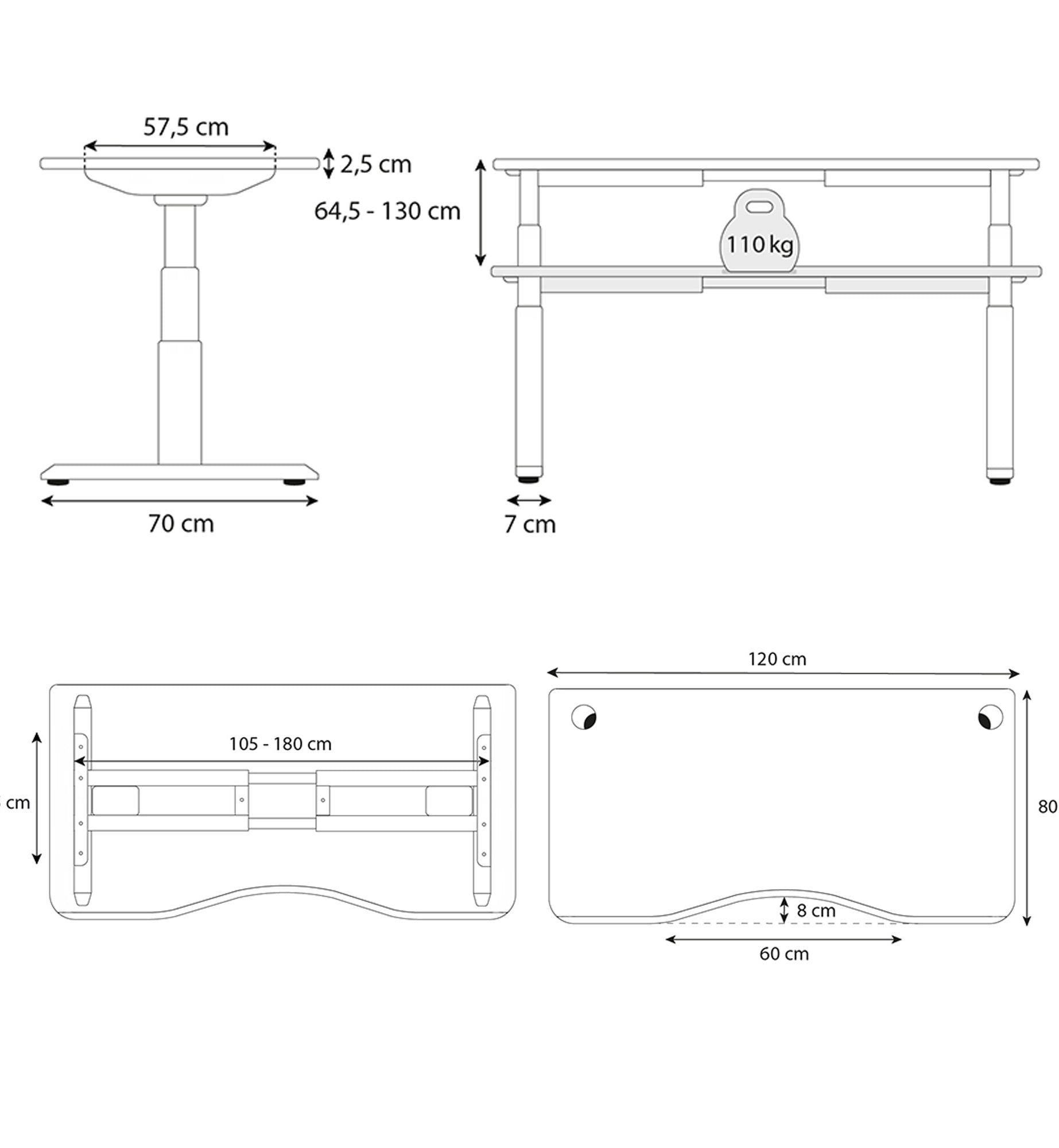 bureau assis debout DYNAMIC SMOOTH 120x80cm