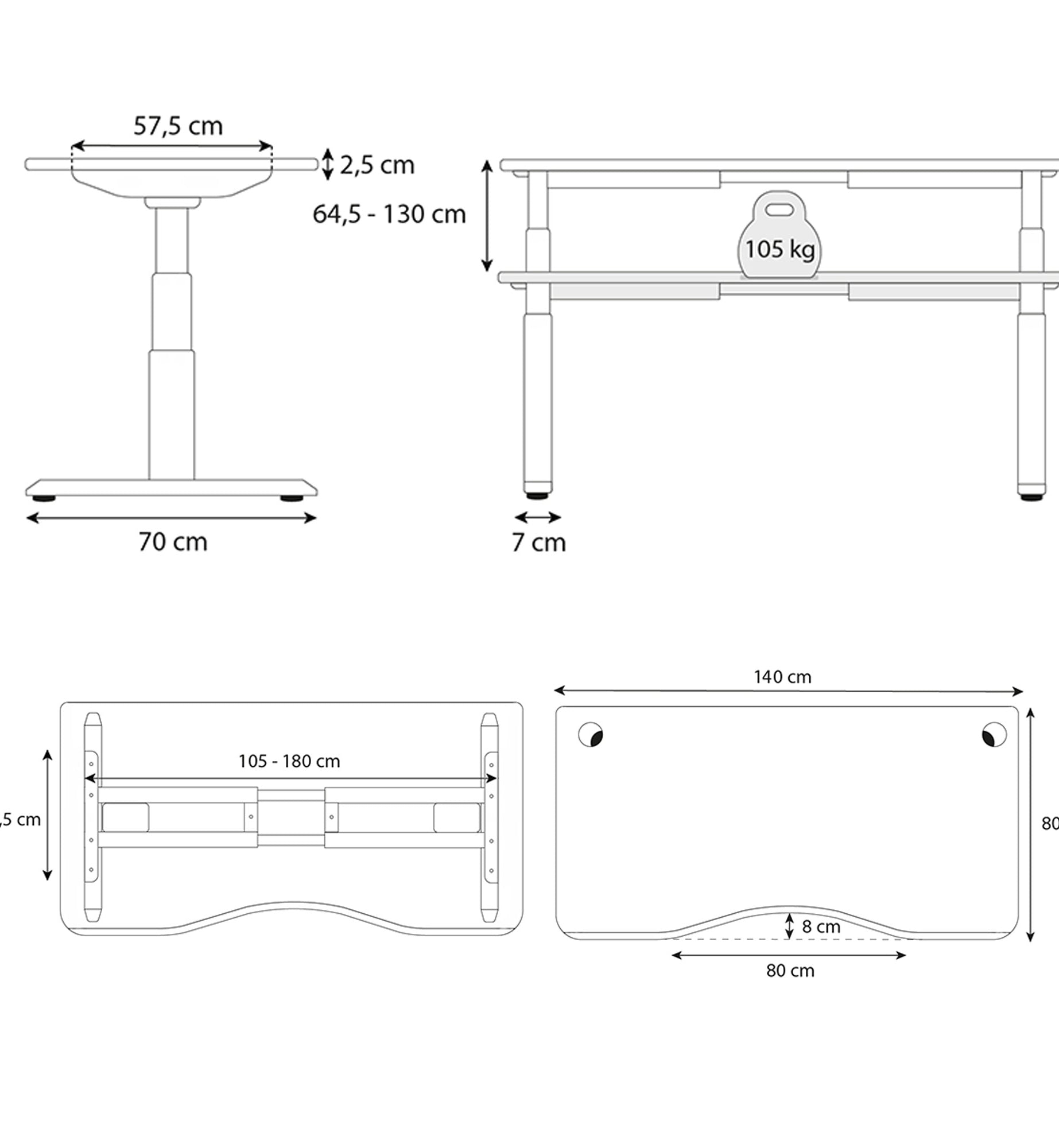 bureau assis debout DYNAMIC SMOOTH 140x80cm