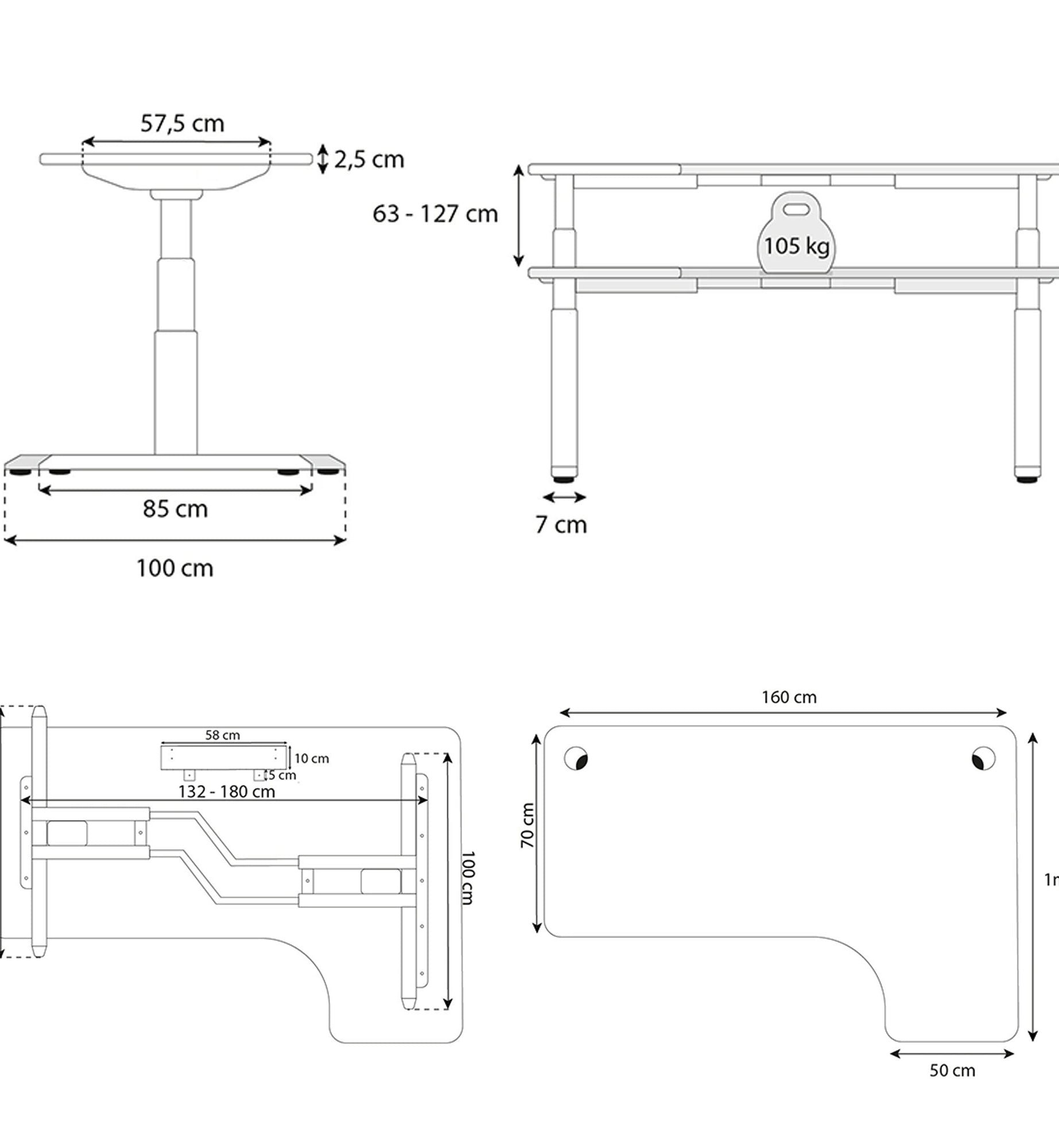 dimension piètement bureau assis debout CORNER 160x110cm Kqueo