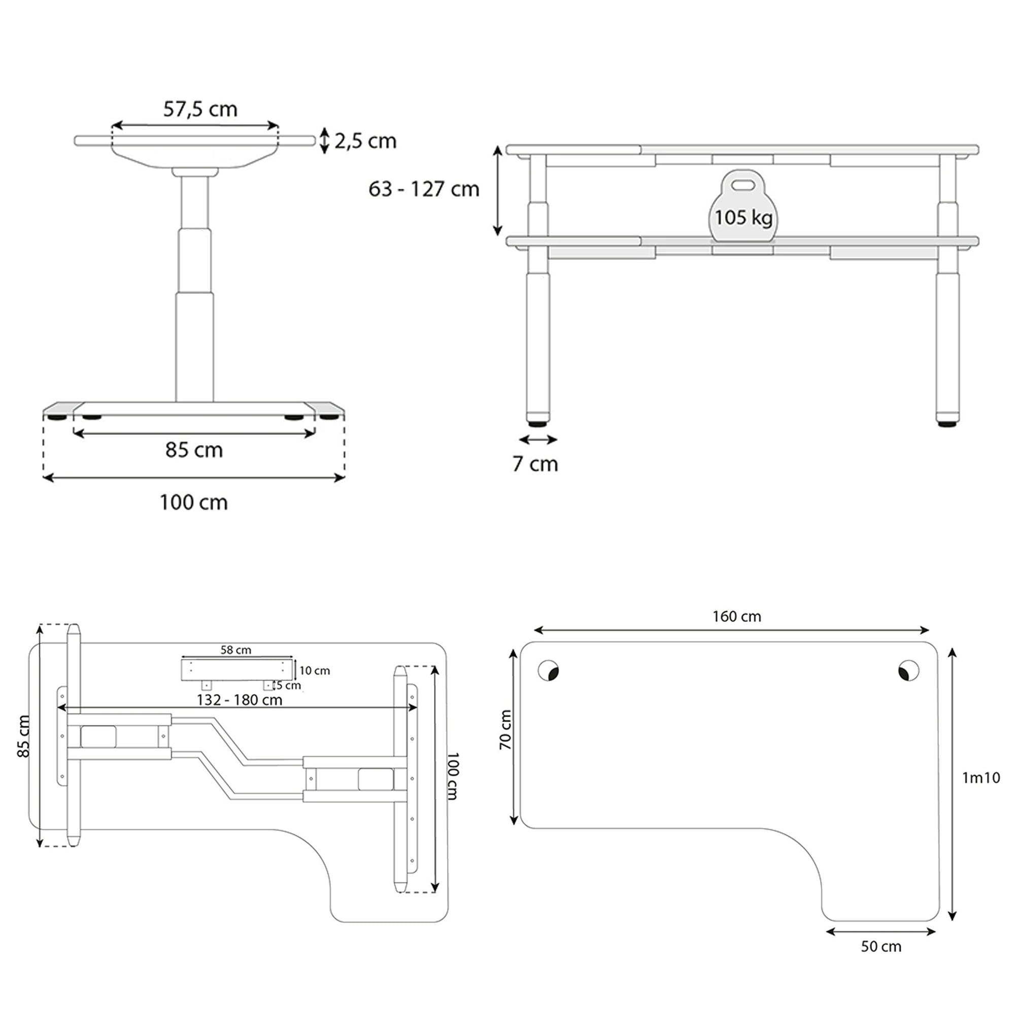 dimension piètement bureau assis debout CORNER 160x110cm Kqueo