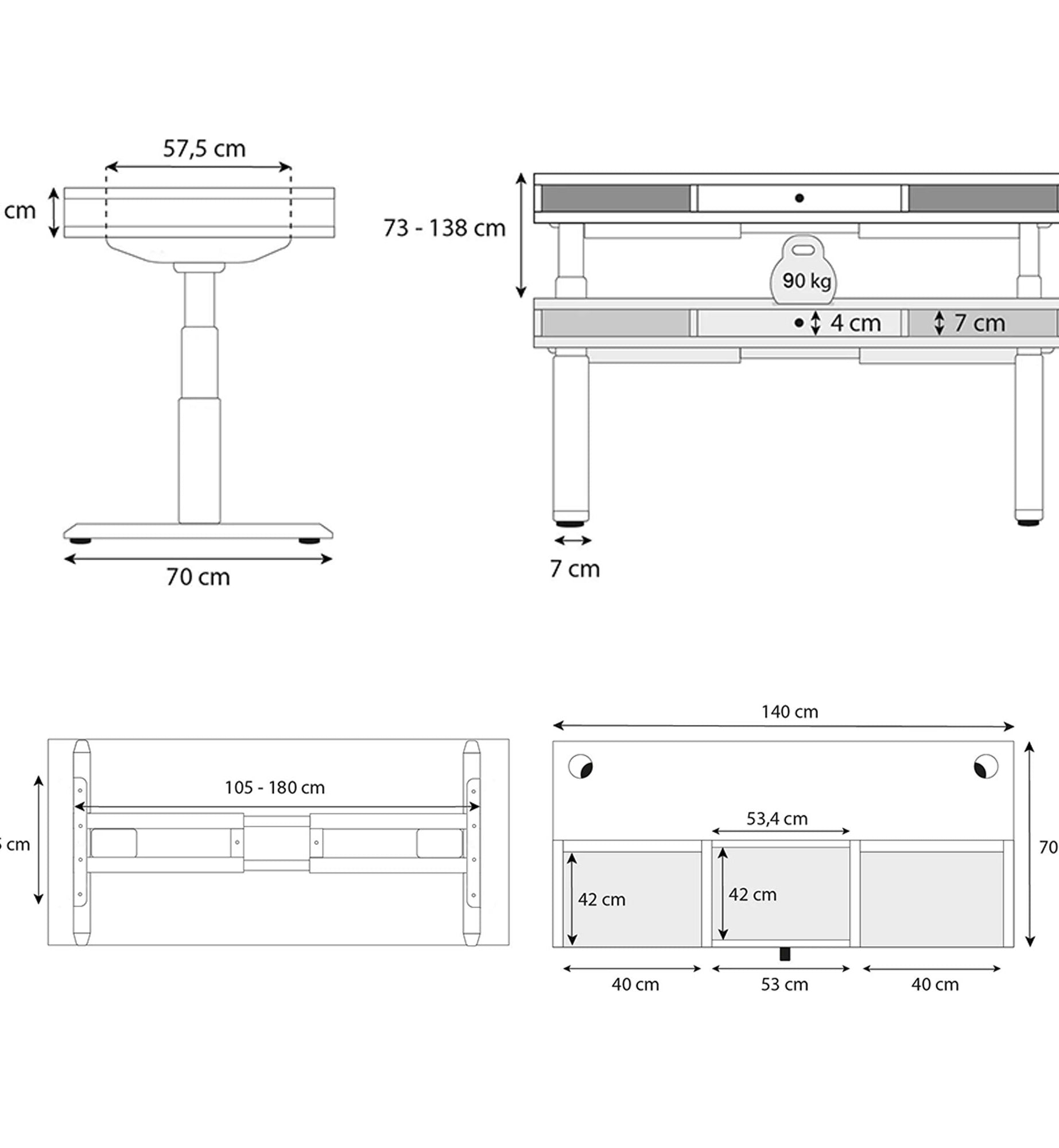 plan dimension SPACE DYNAMIC CIRCLE 1 TIROIR 140x70cm