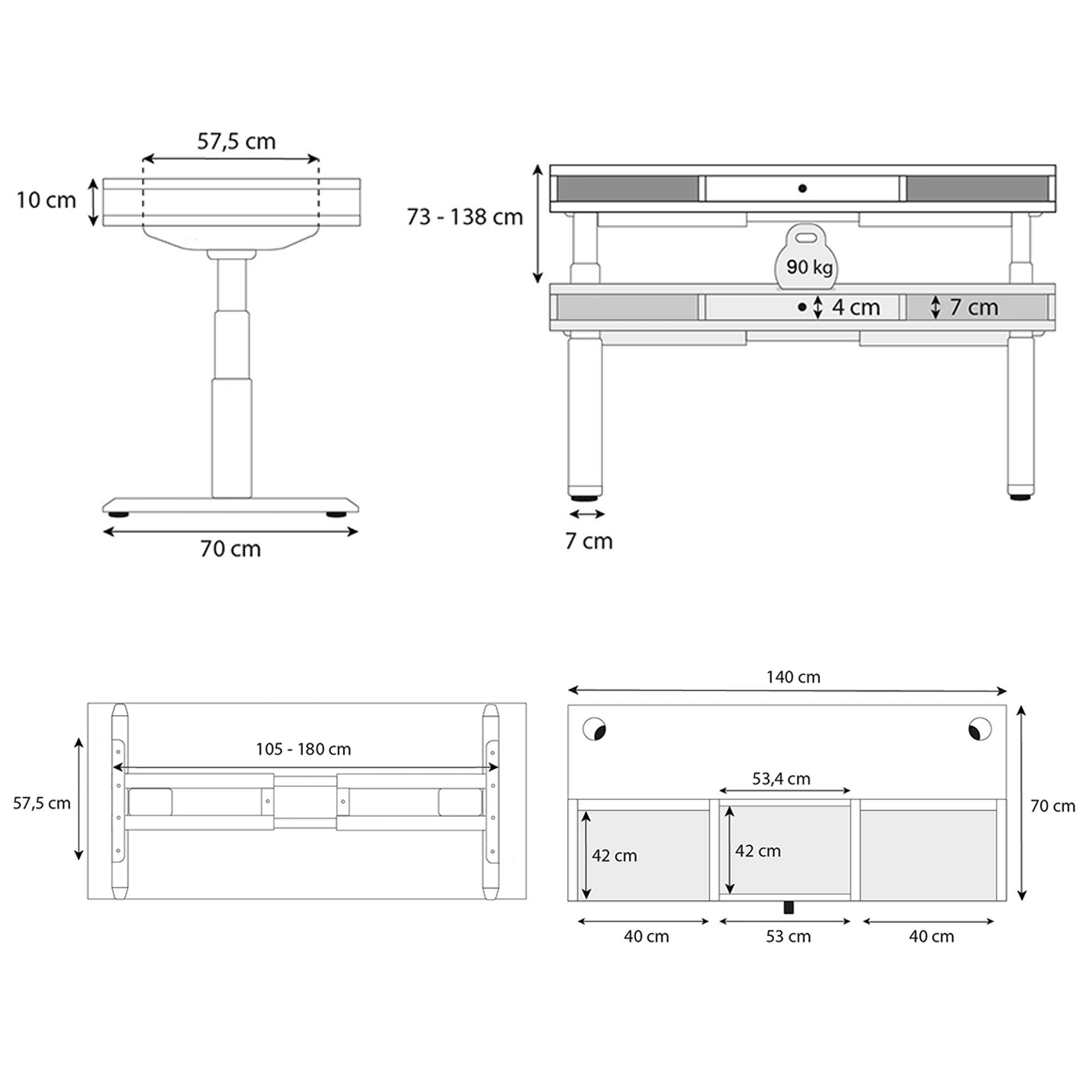 plan dimension SPACE DYNAMIC CIRCLE 1 TIROIR 140x70cm