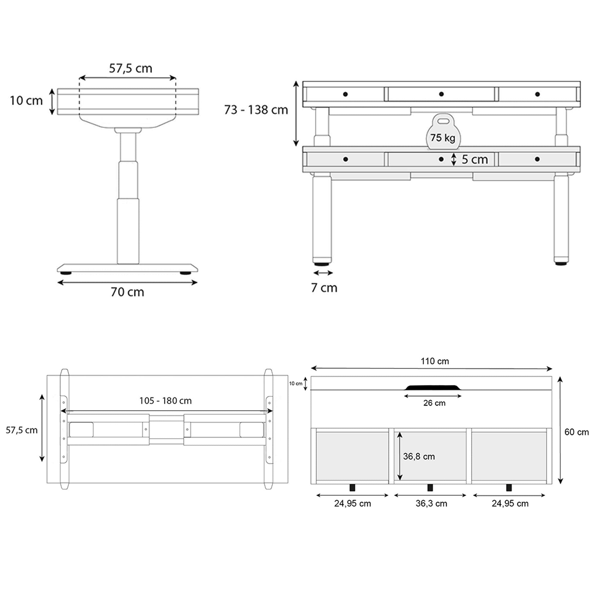 plan dimensions bureau assis debout 3 tiroirs Kqueo