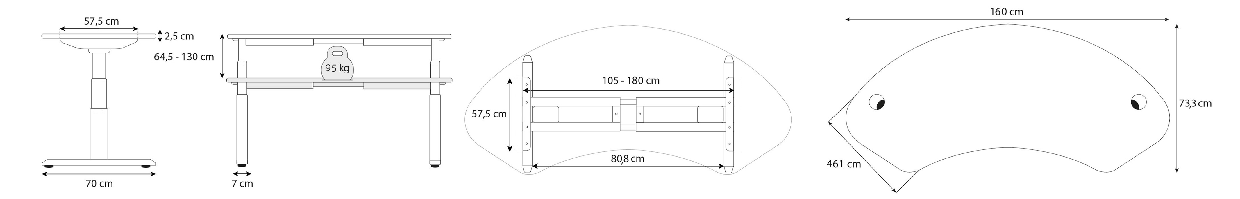 dimension bureau assis debout DYNAMIC CIRCLE CURVE 160x73cm