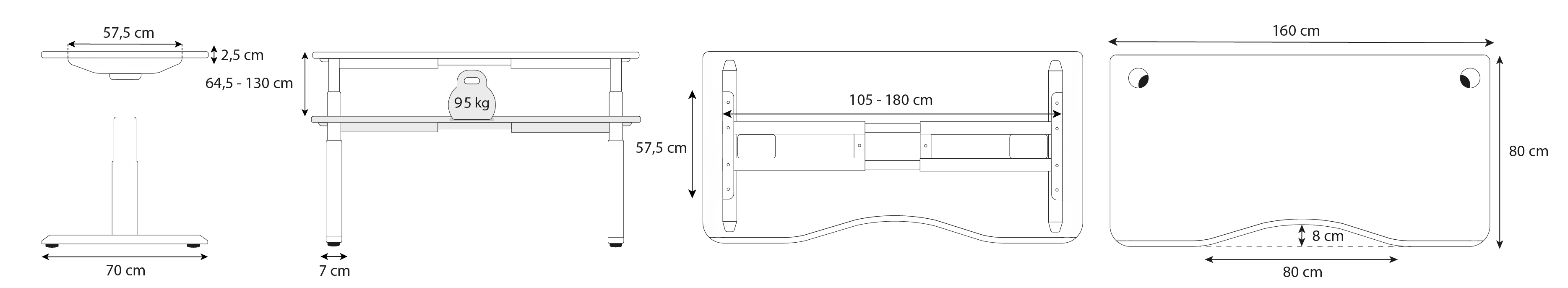 dimension bureau assis debout Kqueo DYNAMIC CIRCLE SMOOTH 160x80cm