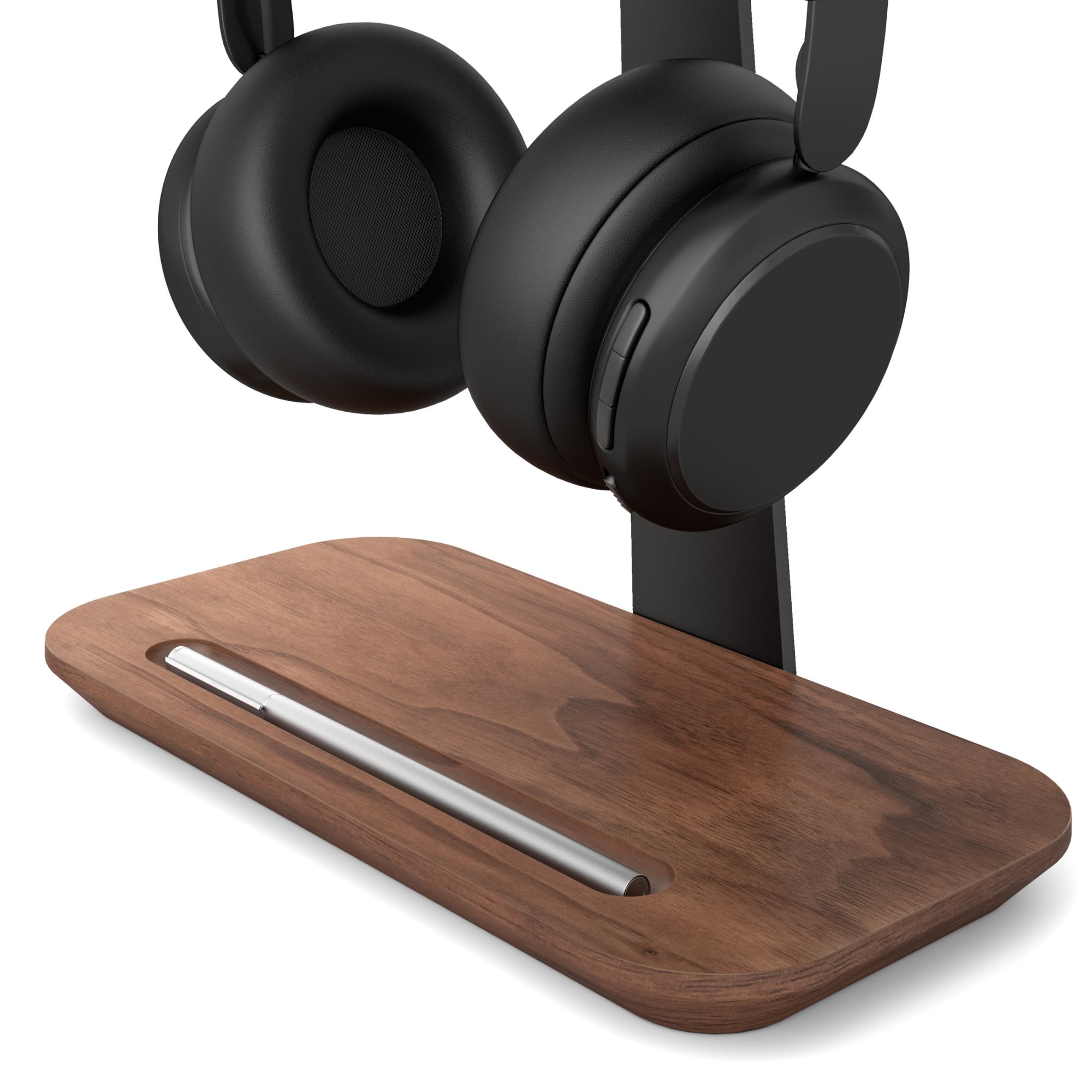 Porte-casque design en bois de noyer et métal noir, encoche stylo ou téléphone