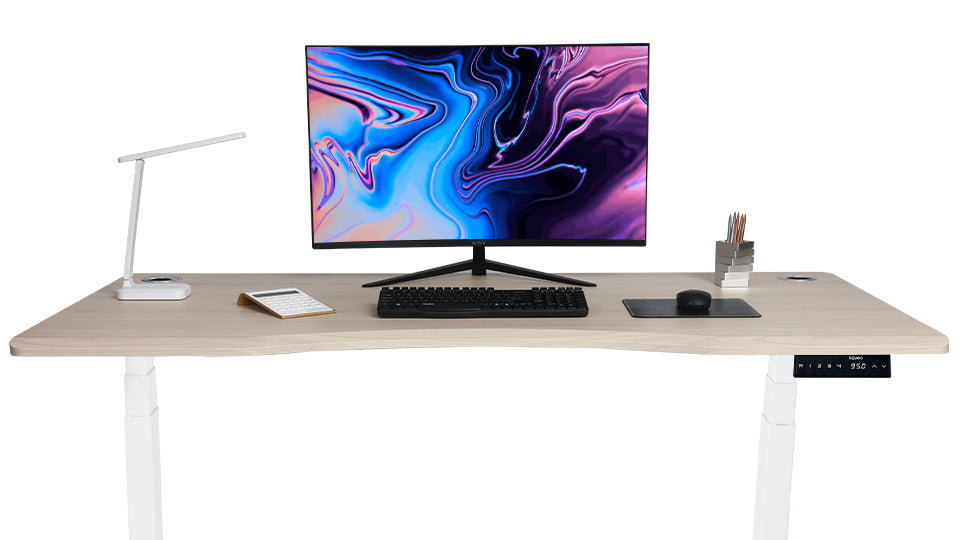 bureau assis debout DYNAMIC SMOOTH avec plateau incurvé blanc / chene clair