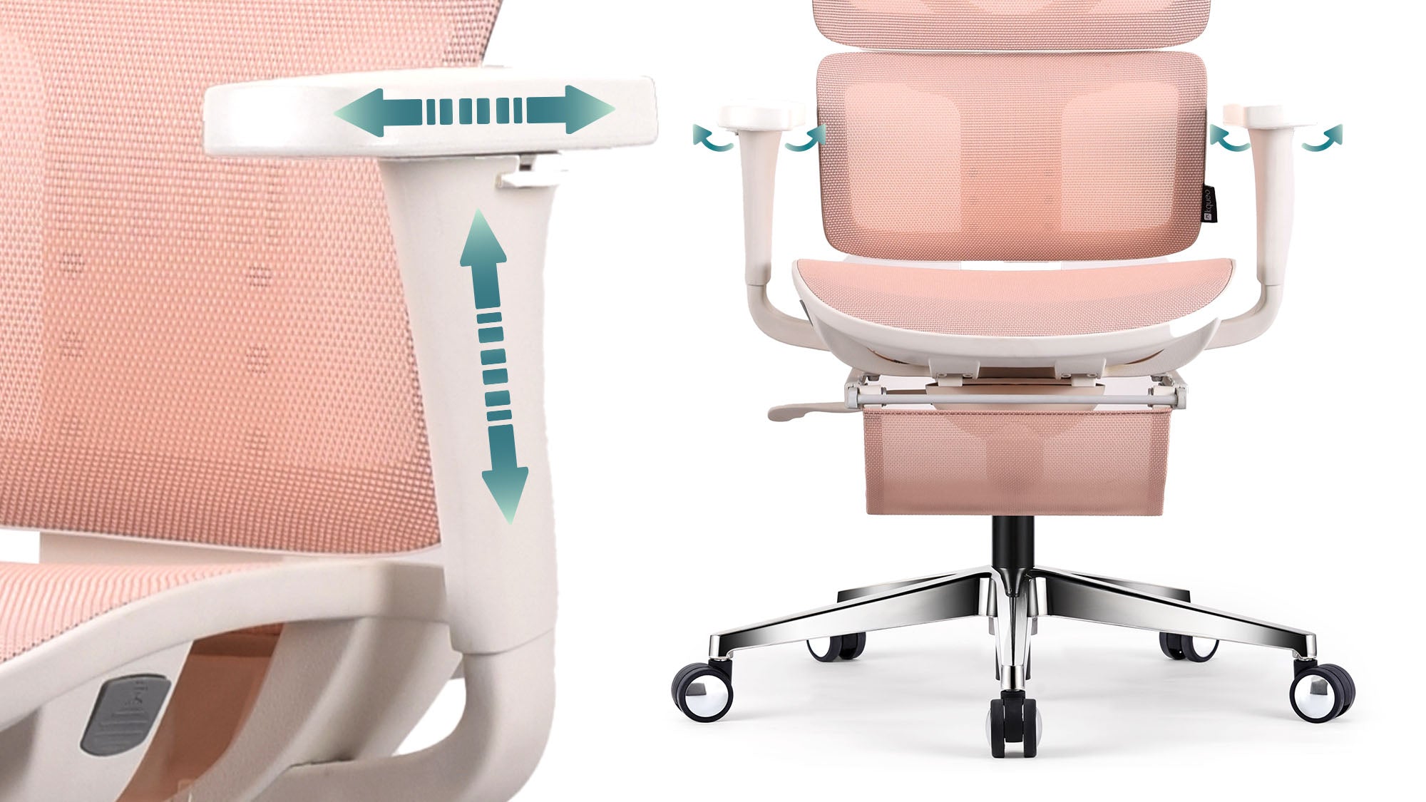 accoudoirs 3D chaise de bureau ergonomique TERRANA blanche et rose KQUEO