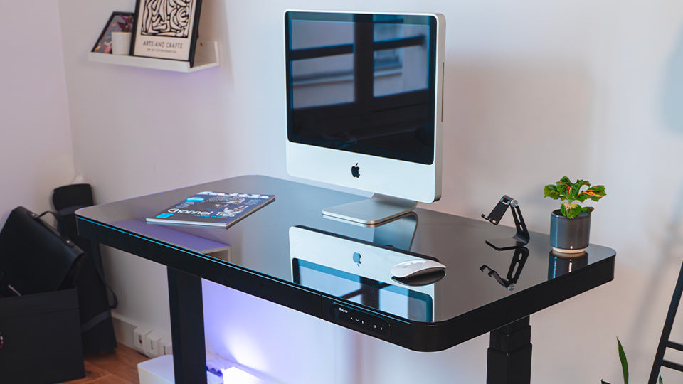 bureau assis debout CONNECT noir en verre trempé