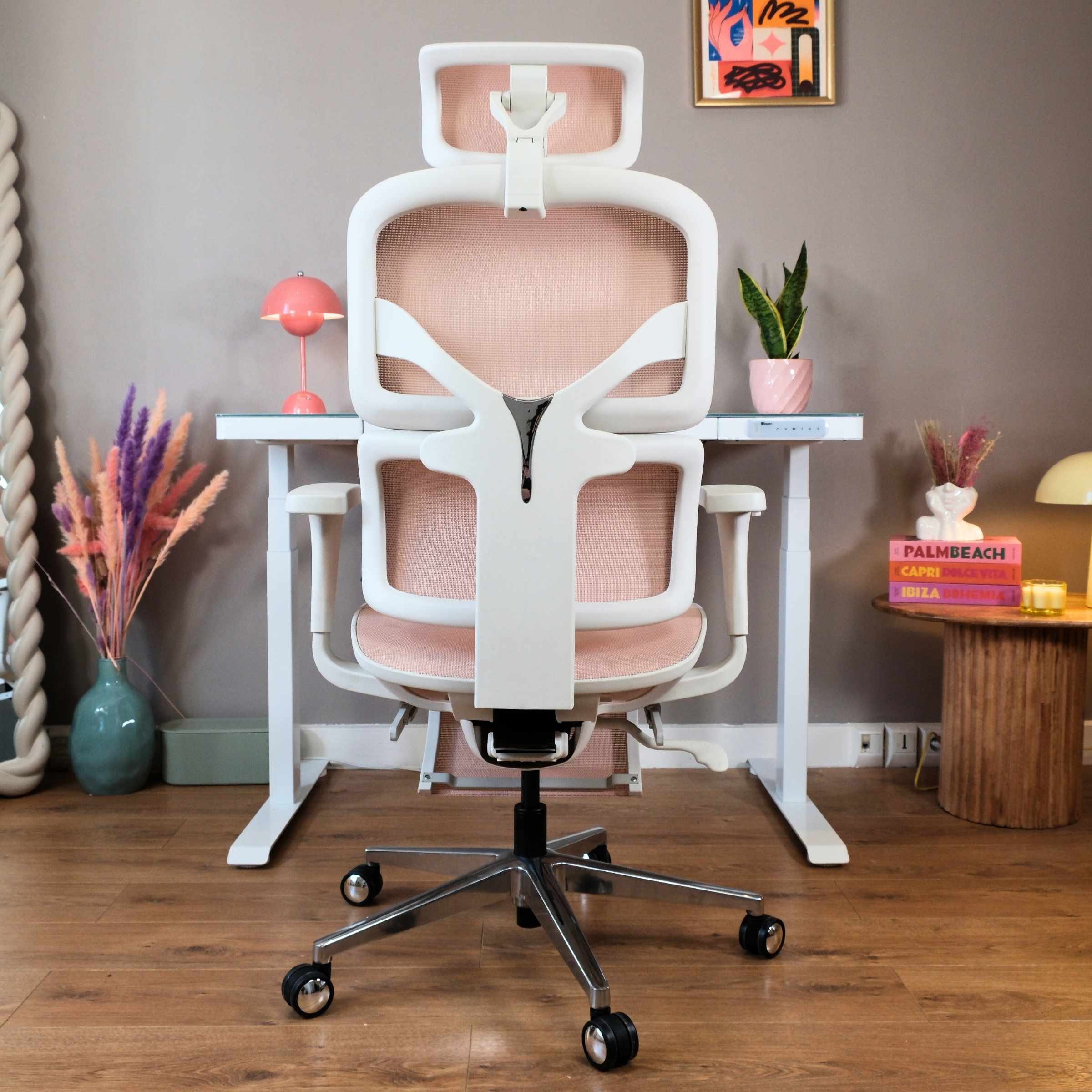 dossier chaise de bureau ergonomique TERRANA blanche et rose