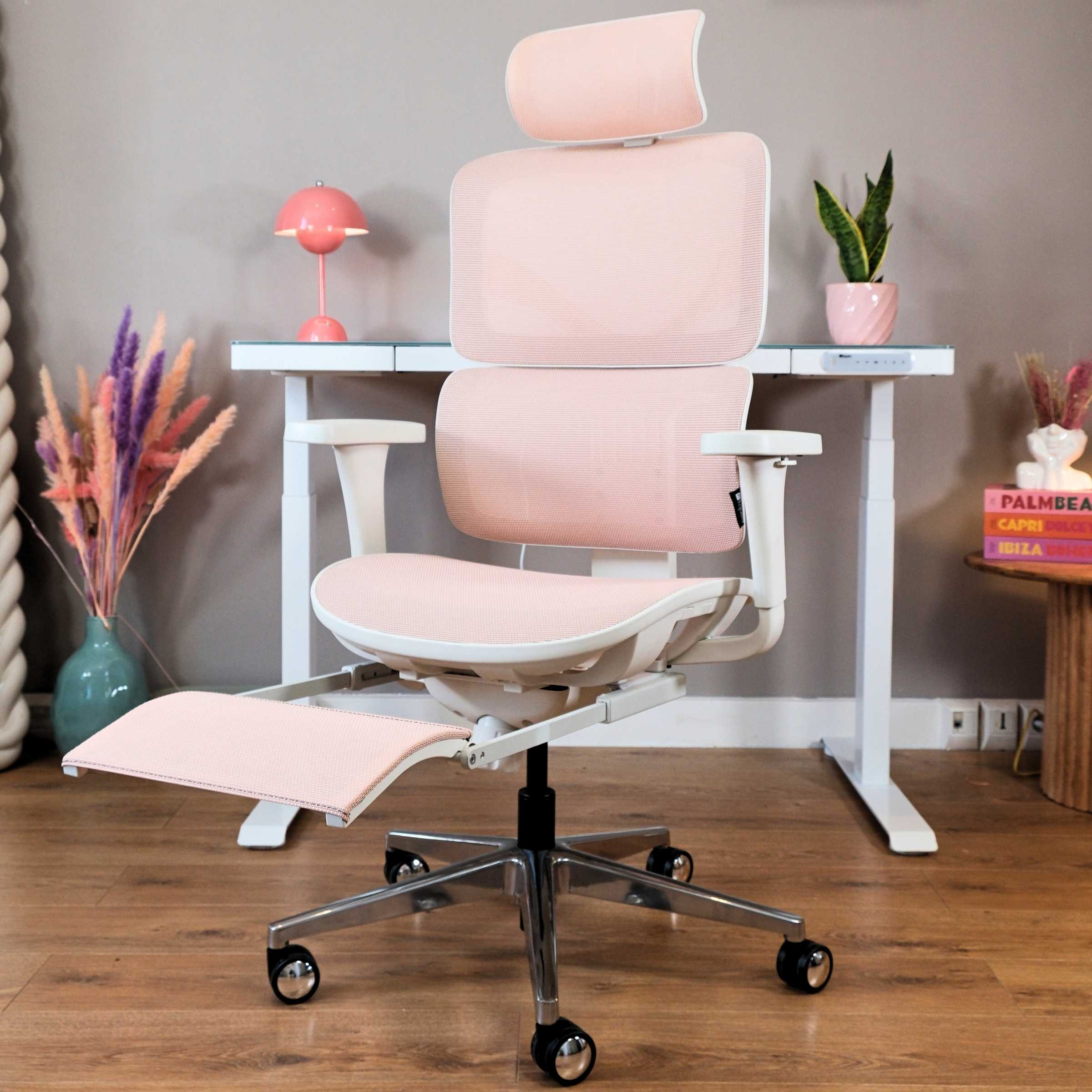 chaise de bureau ergonomique TERRANA blanche et rose