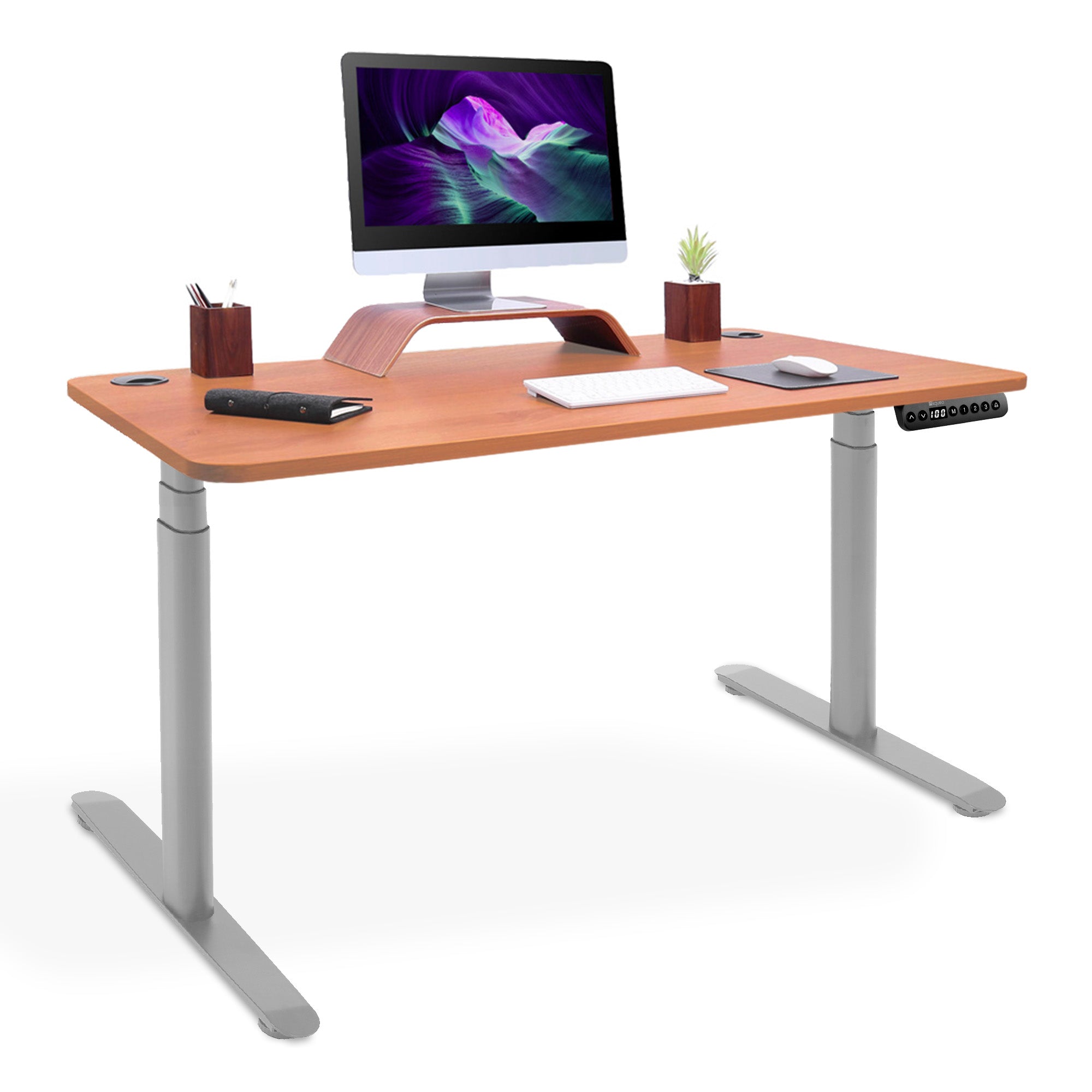 bureau assis debout pieds arrondis gris-chene-naturel 180x80cm